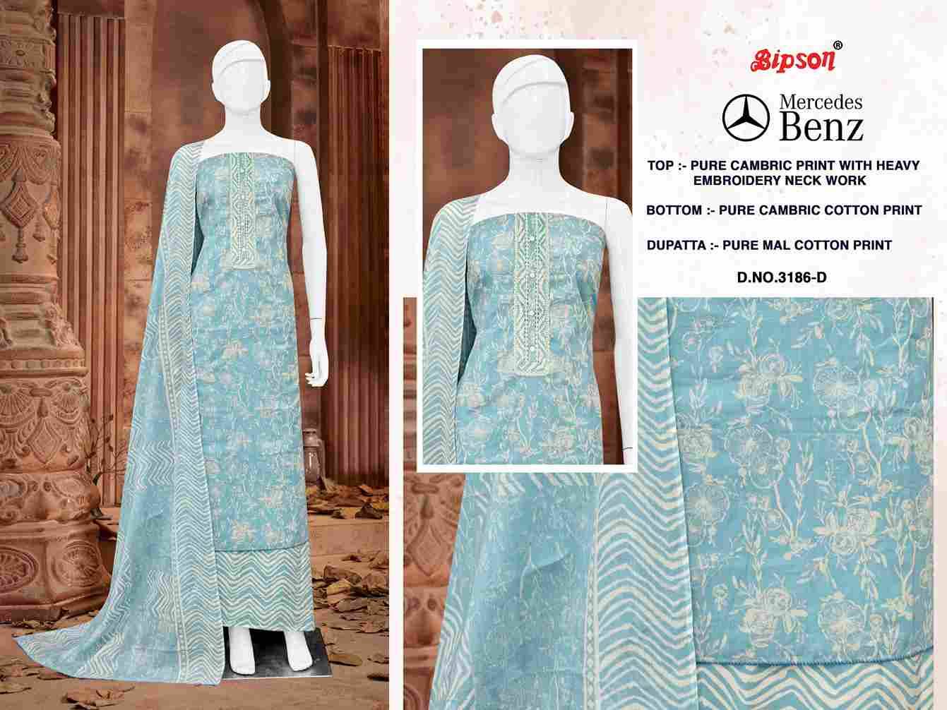 Mercedes Benz-3186 By Bipson 3186-A To 3186-D Series Beautiful Stylish Festive Suits Fancy Colorful Casual Wear & Ethnic Wear & Ready To Wear Pure Cambric Print With Embroidered Dresses At Wholesale Price
