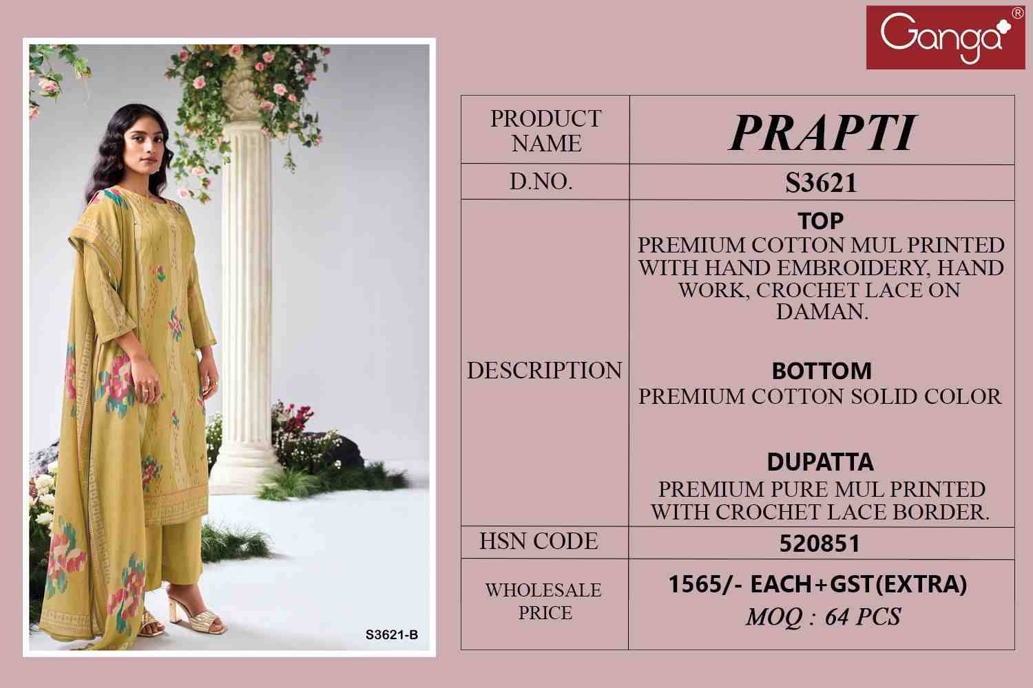 Prapti-3621 By Ganga Fashion 3621-A To 3621-D Series Beautiful Festive Suits Colorful Stylish Fancy Casual Wear & Ethnic Wear Mal Cotton Dresses At Wholesale Price