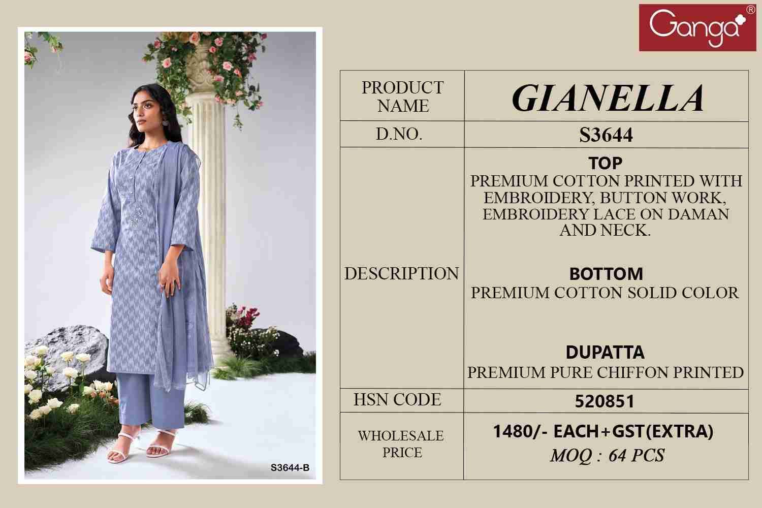 Gianella-3644 By Ganga Fashion 3644-A To 3644-D Series Beautiful Festive Suits Colorful Stylish Fancy Casual Wear & Ethnic Wear Premium Cotton Dresses At Wholesale Price