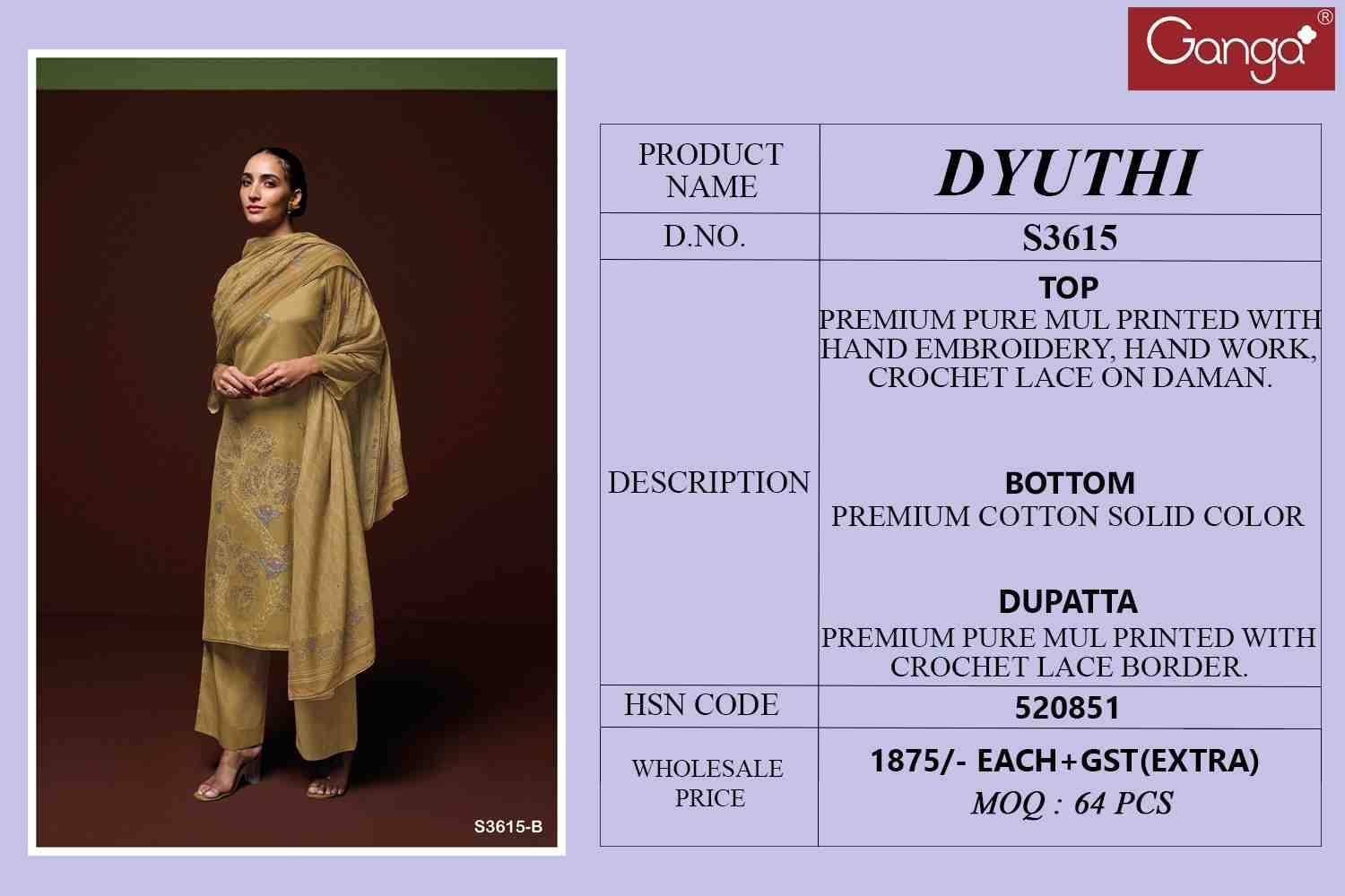 Dyuthi-3615 By Ganga Fashion 3615-A To 3615-D Series Beautiful Festive Suits Colorful Stylish Fancy Casual Wear & Ethnic Wear Pure Mal Dresses At Wholesale Price