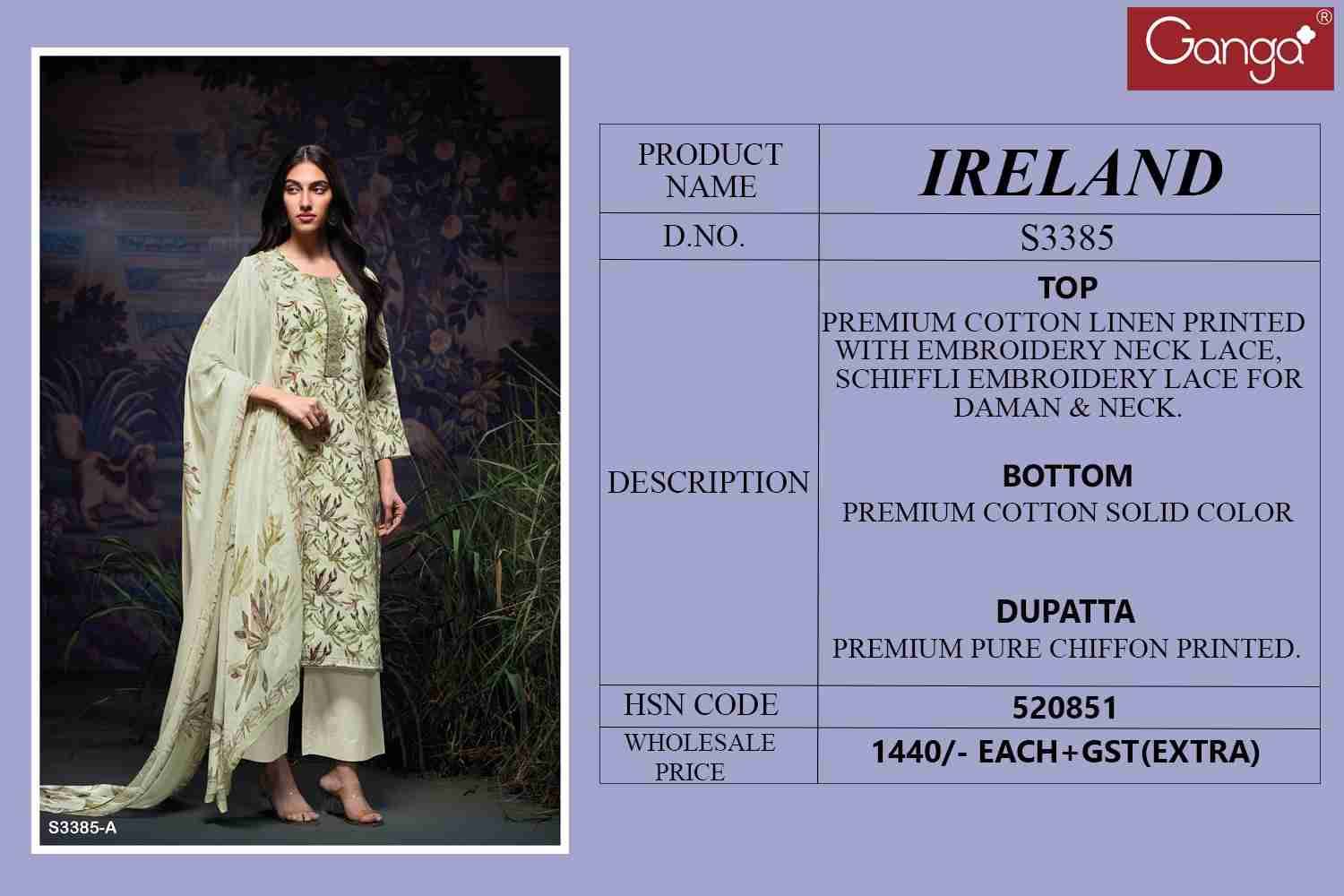 Ireland-3385 By Ganga Fashion 3385-A To 3385-D Series Beautiful Festive Suits Colorful Stylish Fancy Casual Wear & Ethnic Wear Pure Cotton Linen Dresses At Wholesale Price