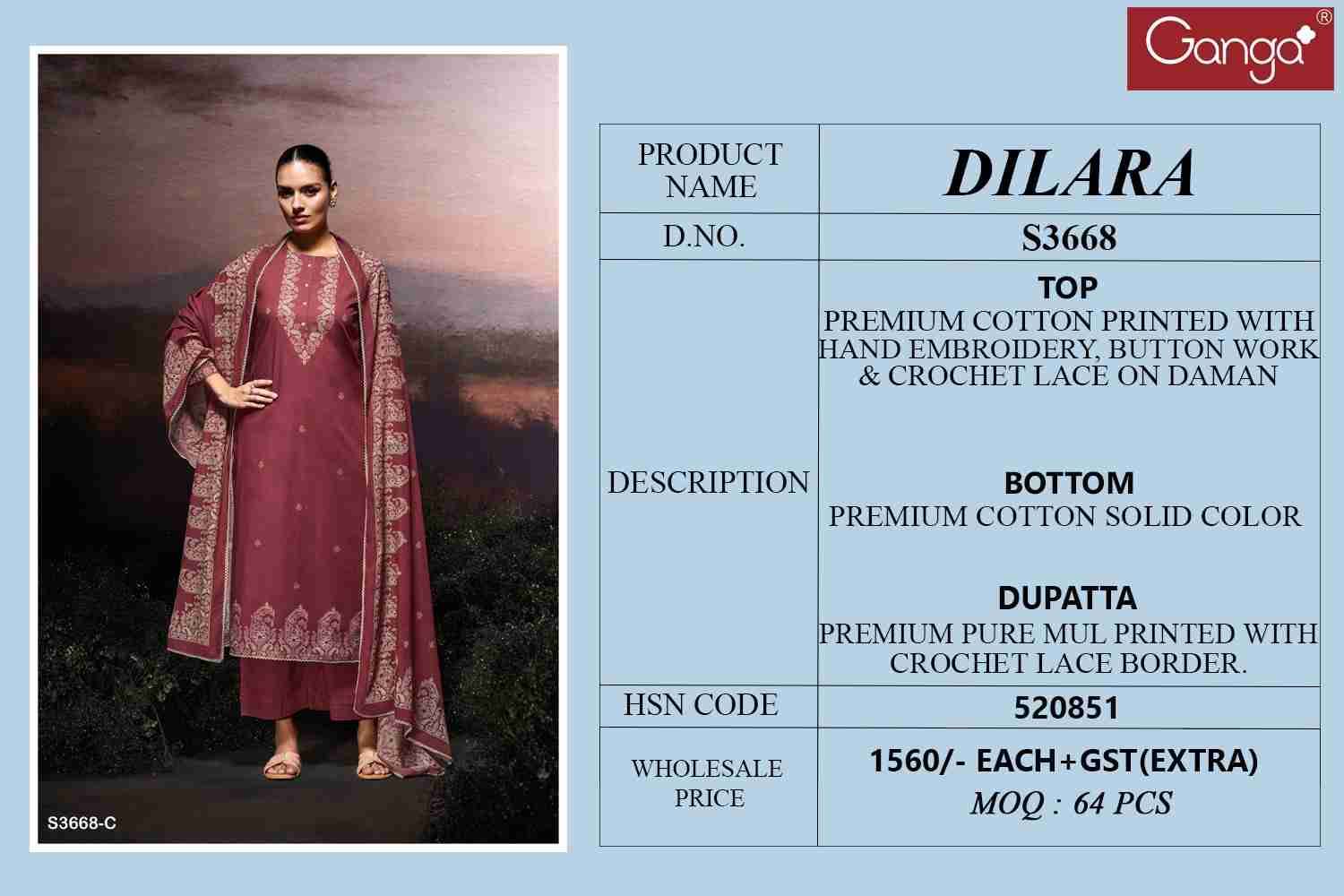 Dilara-3668 By Ganga Fashion 3668-A To 3668-D Series Beautiful Festive Suits Colorful Stylish Fancy Casual Wear & Ethnic Wear Pure Cotton Dresses At Wholesale Price