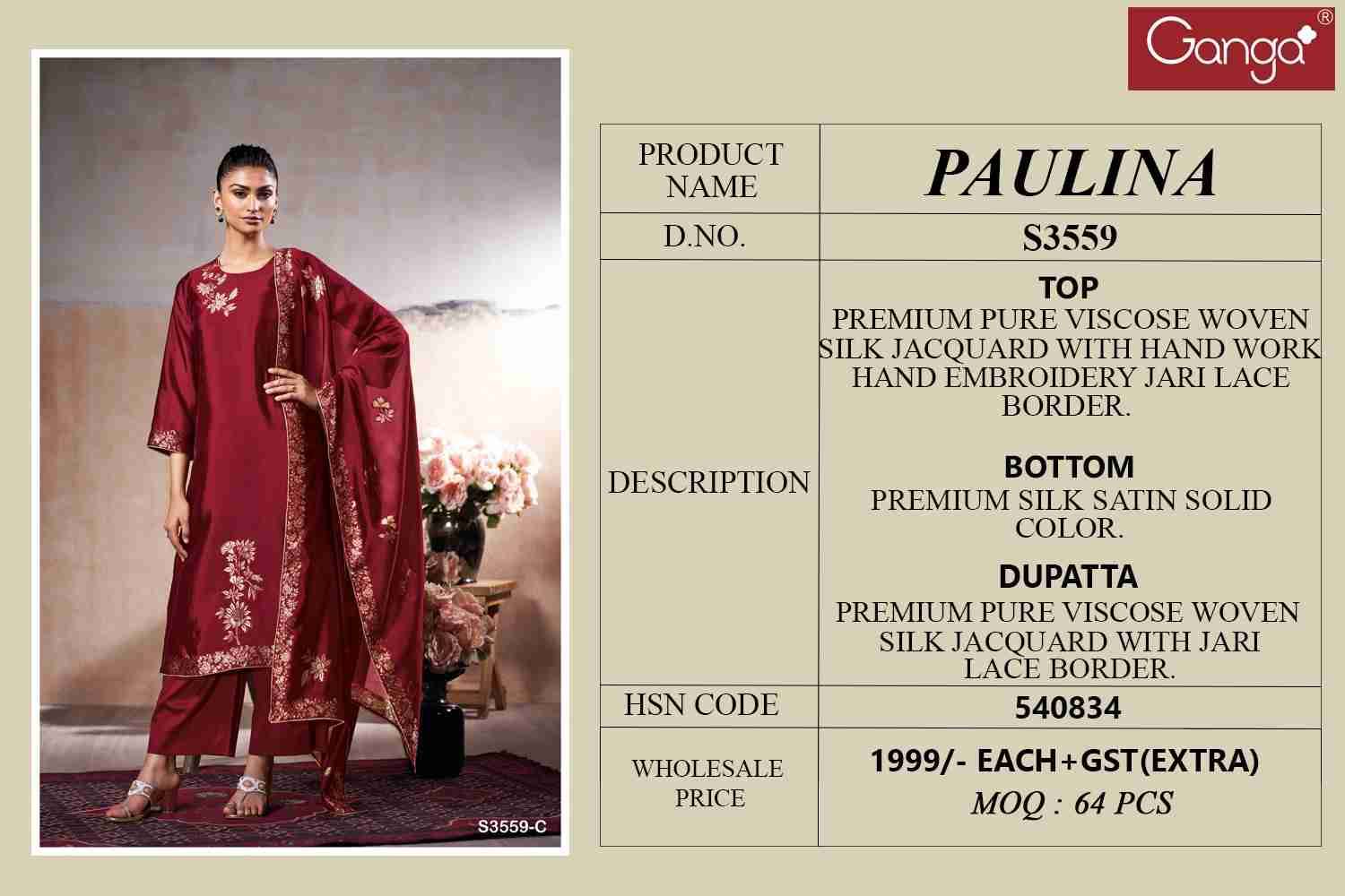 Paulina-3559 By Ganga Fashion 3559-A To 3559-D Series Beautiful Festive Suits Colorful Stylish Fancy Casual Wear & Ethnic Wear Pure Viscose Silk Dresses At Wholesale Price