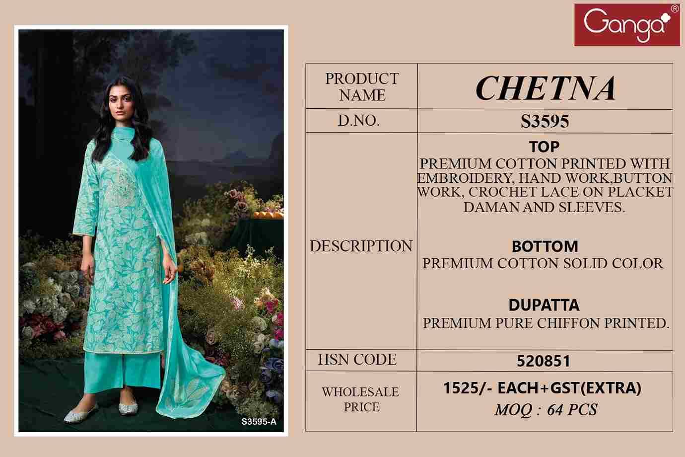 Chetna-3595 By Ganga Fashion 3595-A To 3595-D Series Beautiful Festive Suits Colorful Stylish Fancy Casual Wear & Ethnic Wear Pure Cotton Dresses At Wholesale Price