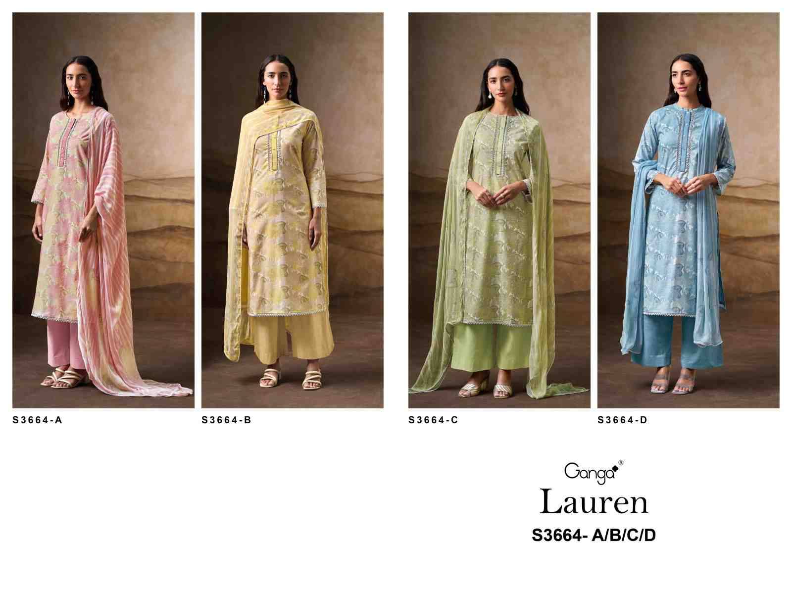 Lauren-3664 By Ganga Fashion 3664-A To 3664-D Series Beautiful Festive Suits Colorful Stylish Fancy Casual Wear & Ethnic Wear Pure Cotton Dresses At Wholesale Price