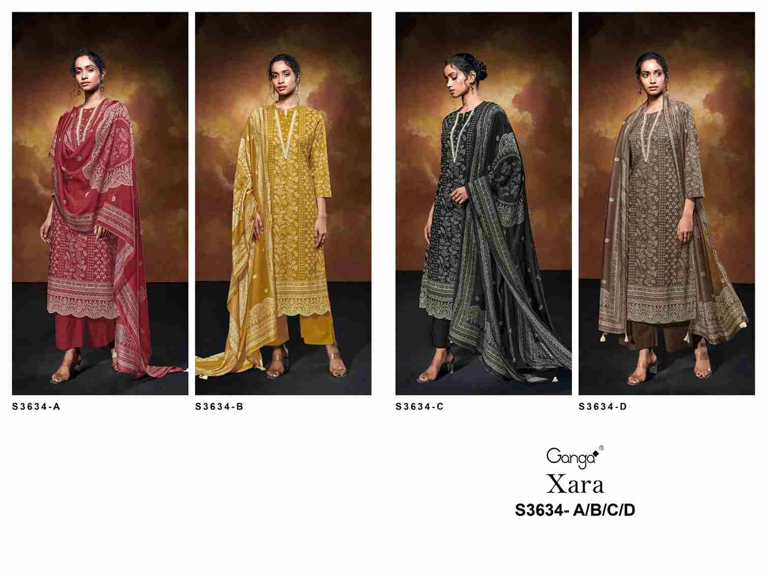 Xara-3634 By Ganga Fashion 3634-A To 3634-D Series Beautiful Festive Suits Colorful Stylish Fancy Casual Wear & Ethnic Wear Pure Cotton Dresses At Wholesale Price