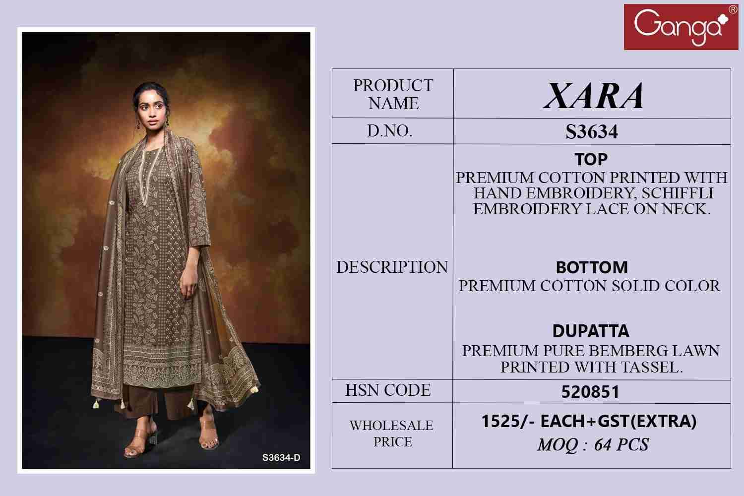 Xara-3634 By Ganga Fashion 3634-A To 3634-D Series Beautiful Festive Suits Colorful Stylish Fancy Casual Wear & Ethnic Wear Pure Cotton Dresses At Wholesale Price