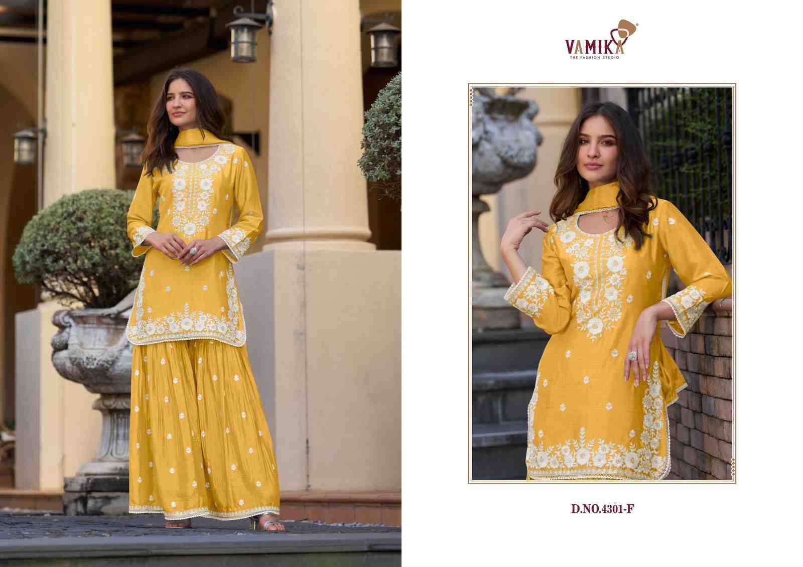 Anamika Vol-2 Gold By Vamika 4301-F To 4301-J Series Designer Sharara Stylish Fancy Colorful Beautiful Party Wear & Ethnic Wear Collection Chinnon Dresses At Wholesale Price