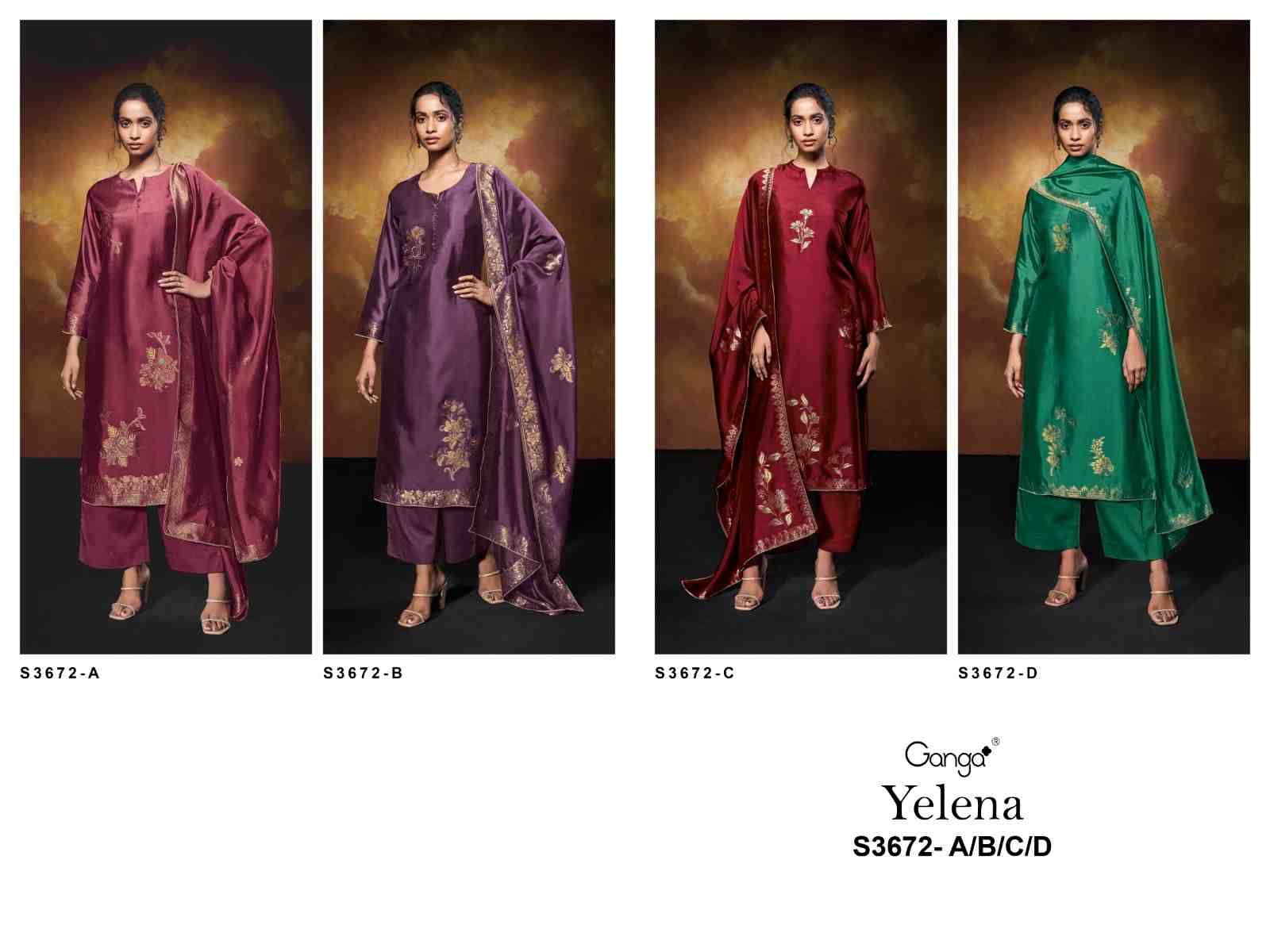 Yelena-3672 By Ganga Fashion 3672-A To 3672-D Series Beautiful Festive Suits Colorful Stylish Fancy Casual Wear & Ethnic Wear Pure Viscose Silk Dresses At Wholesale Price