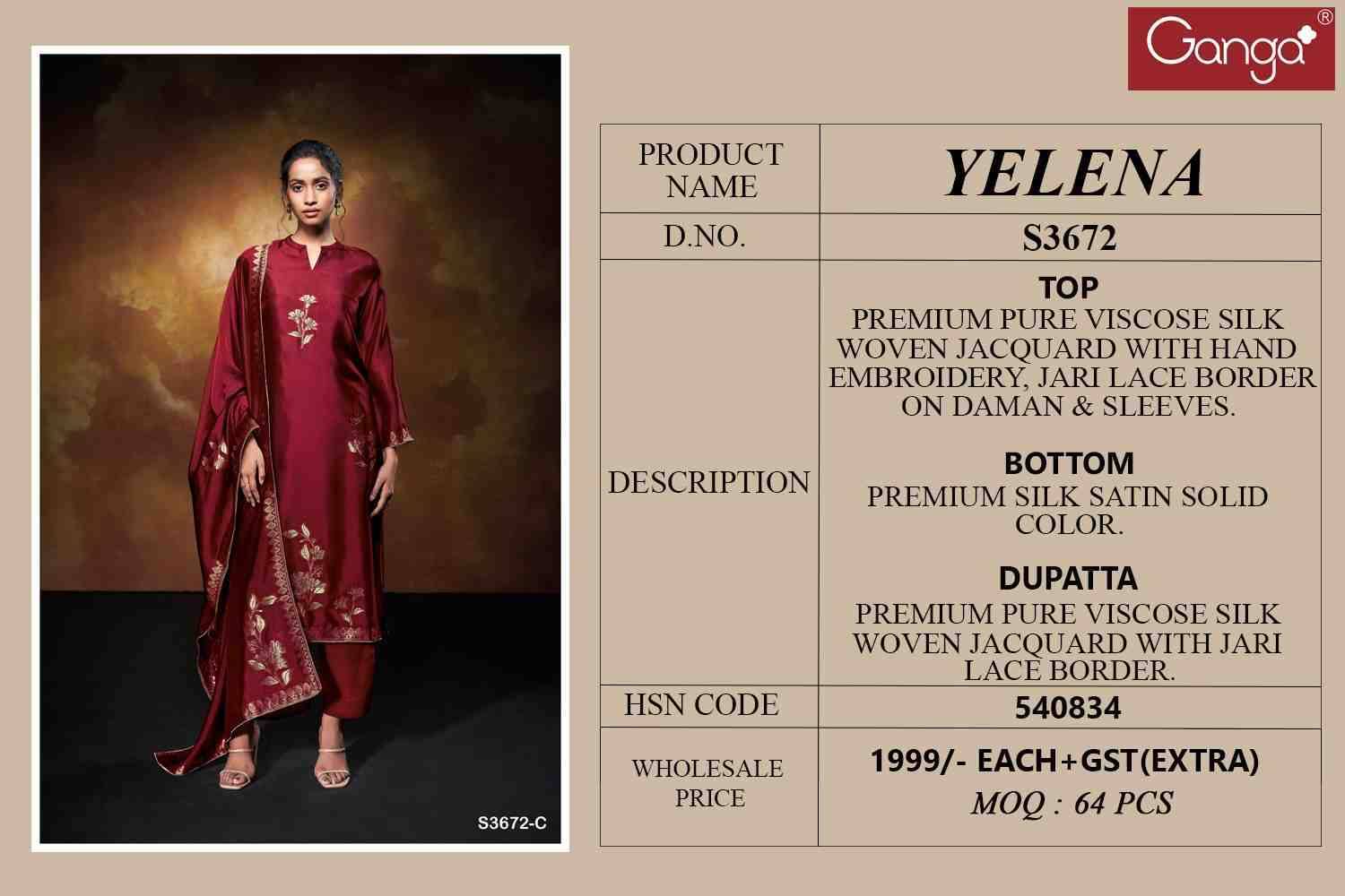 Yelena-3672 By Ganga Fashion 3672-A To 3672-D Series Beautiful Festive Suits Colorful Stylish Fancy Casual Wear & Ethnic Wear Pure Viscose Silk Dresses At Wholesale Price
