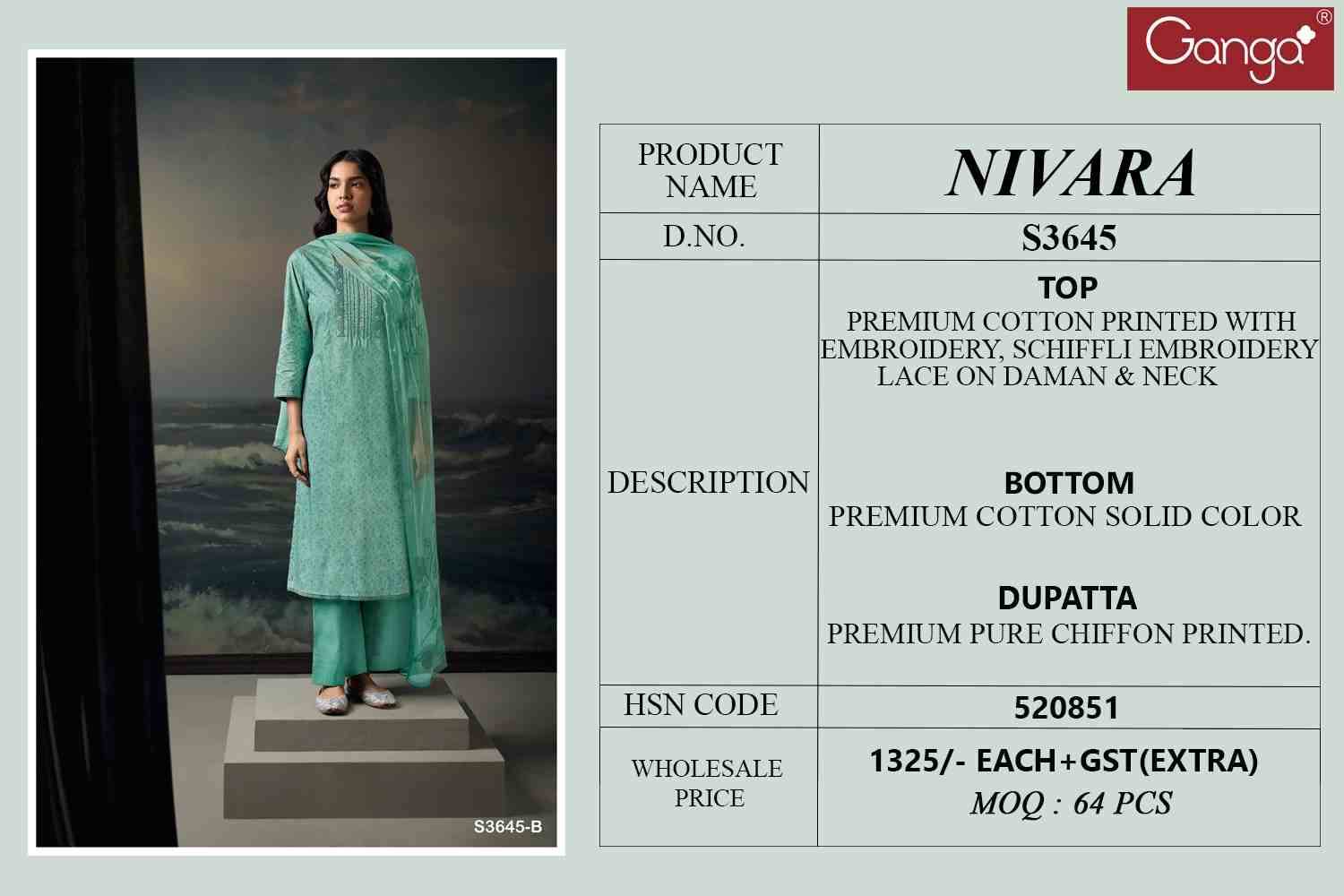 Nivara-3645 By Ganga Fashion 3645-A To 3645-D Series Beautiful Festive Suits Colorful Stylish Fancy Casual Wear & Ethnic Wear Pure Cotton Dresses At Wholesale Price