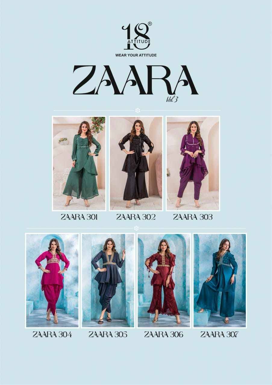 Zaara Vol-3 By 18 Attitude 301 To 307 Series Designer Stylish Fancy Colorful Beautiful Party Wear & Ethnic Wear Collection Chinnon Co-Ord At Wholesale Price