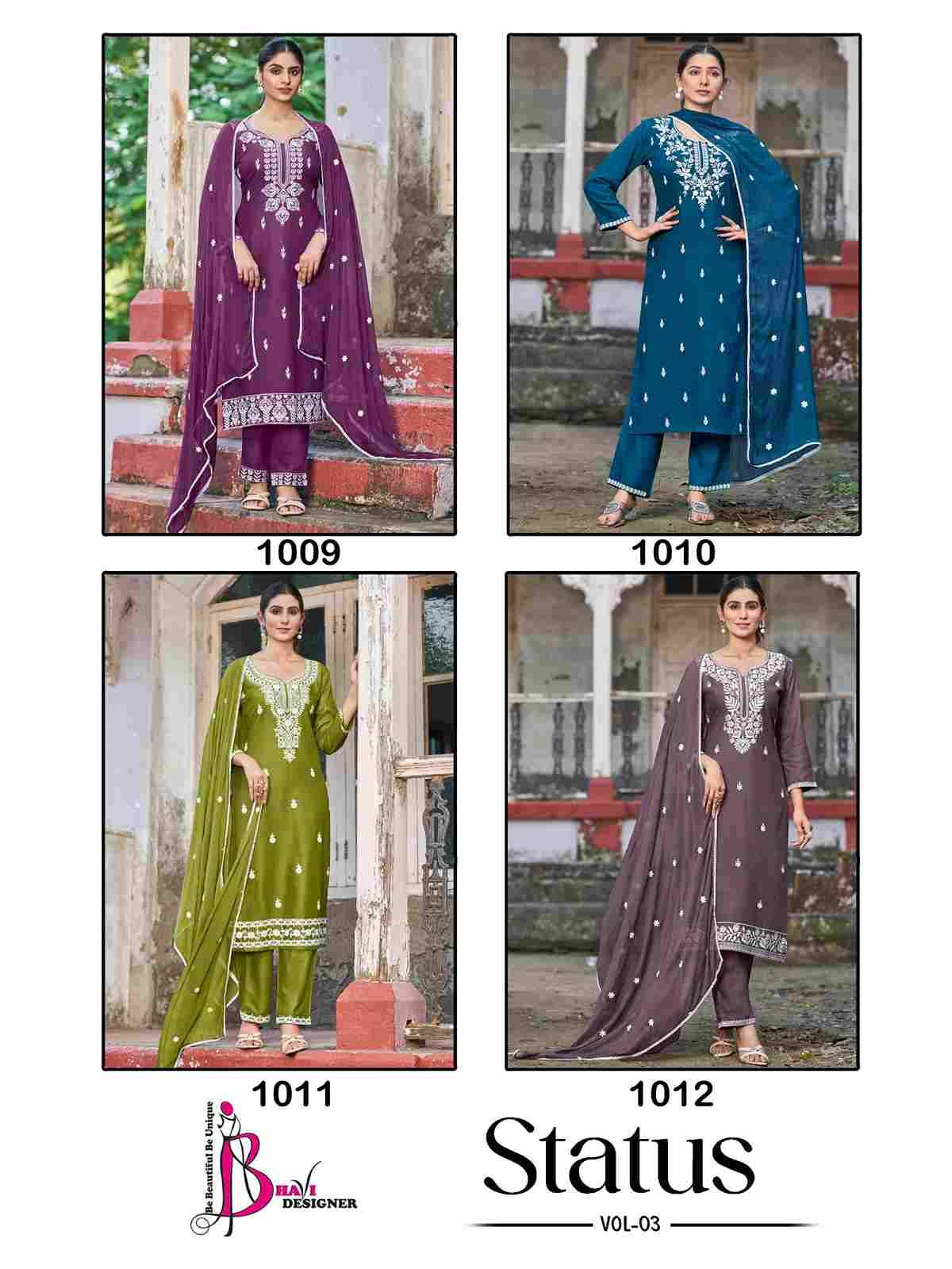 Status Vol-3 By Bhavi Designer 1009 To 1012 Series Beautiful Festive Suits Stylish Fancy Colorful Casual Wear & Ethnic Wear Heavy Rayon Dresses At Wholesale Price