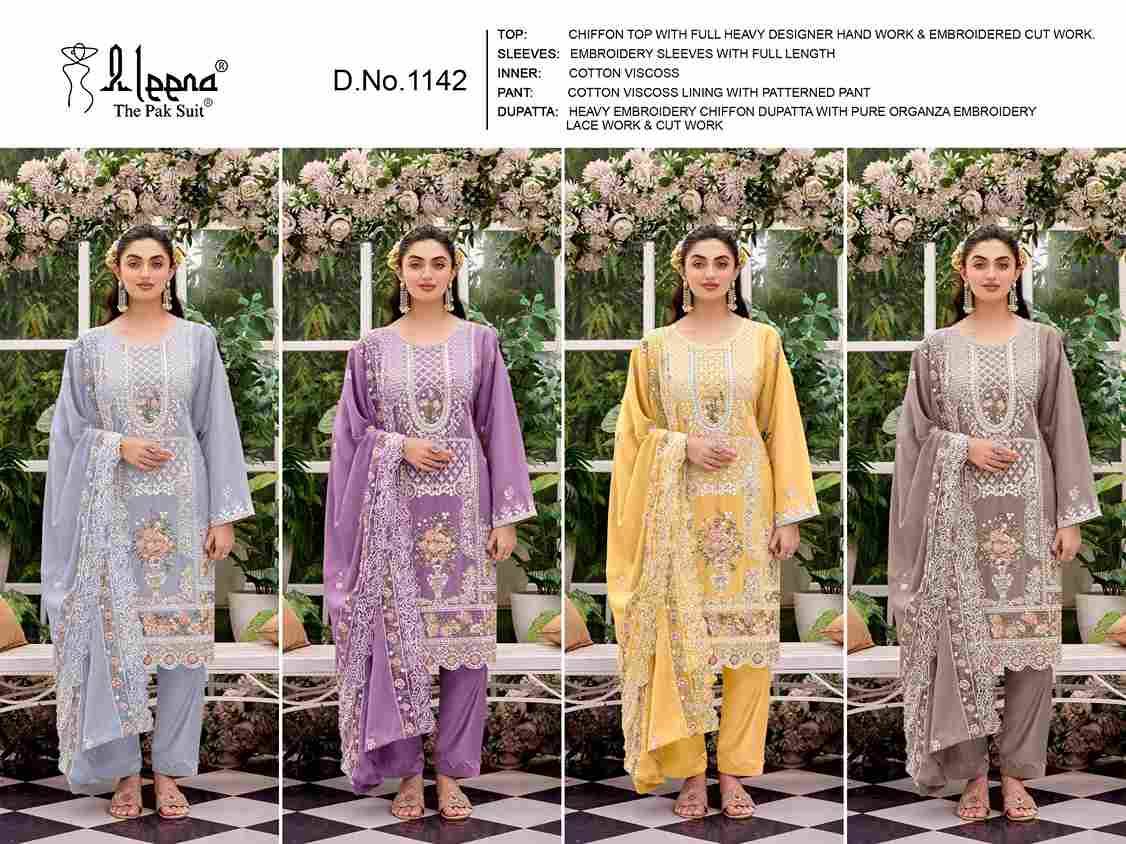Aleena 1142 Colours By Aleena 1142-A To 1142-D Series Beautiful Pakistani Suits Stylish Fancy Colorful Party Wear & Occasional Wear Chiffon Embroidered Dresses At Wholesale Price