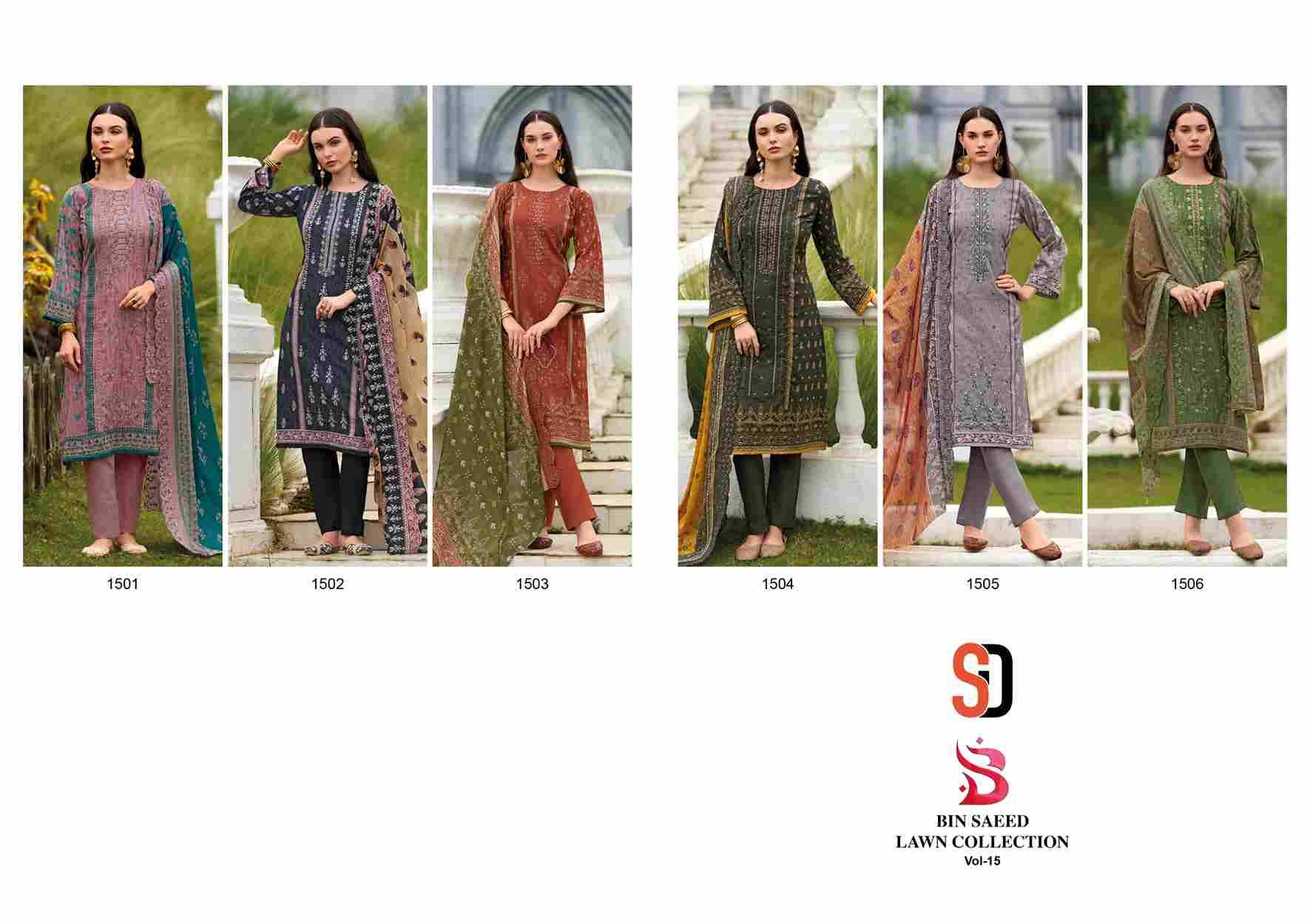 Bin Saeed Lawn Collection Vol-15 By Shraddha Designer 1501 To 1506 Series Designer Pakistani Suits Beautiful Fancy Stylish Colorful Party Wear & Occasional Wear Pure Cotton Print With Embroidery Dresses At Wholesale Price