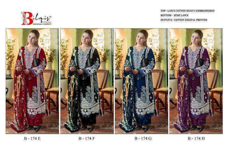 Bilqis 174 Colours Vol-2 By Bilqis 174-E To 174-H Series Beautiful Pakistani Suits Stylish Fancy Colorful Party Wear & Occasional Wear Cotton Lawn Embroidery Dresses At Wholesale Price