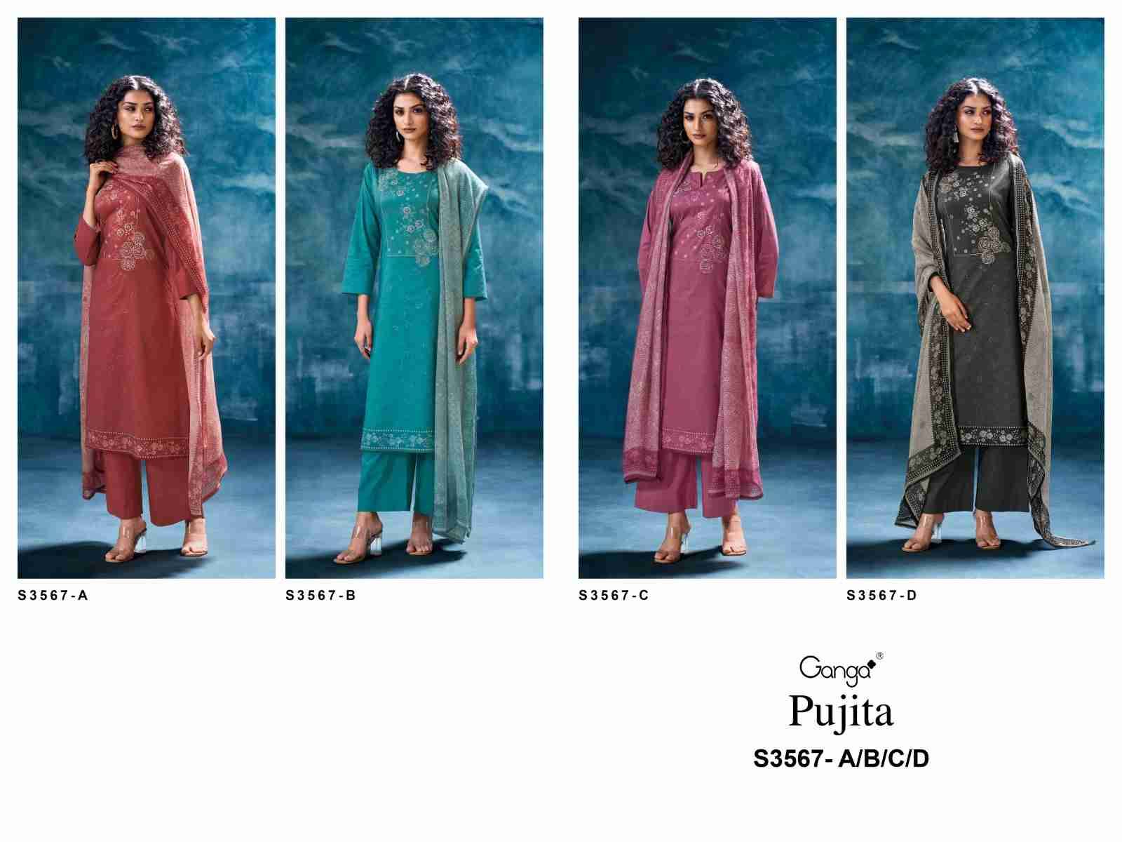 Pujita-3567 By Ganga Fashion 3567-A To 3567-D Series Beautiful Festive Suits Colorful Stylish Fancy Casual Wear & Ethnic Wear Pure Cotton Dresses At Wholesale Price
