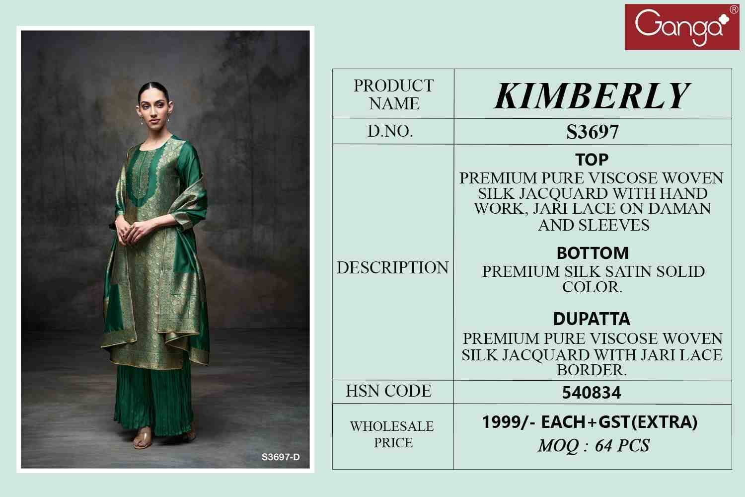 Kimberly-3697 By Ganga Fashion 3697-A To 3697-D Series Beautiful Festive Suits Colorful Stylish Fancy Casual Wear & Ethnic Wear Pure Viscose Silk Jacquard Dresses At Wholesale Price