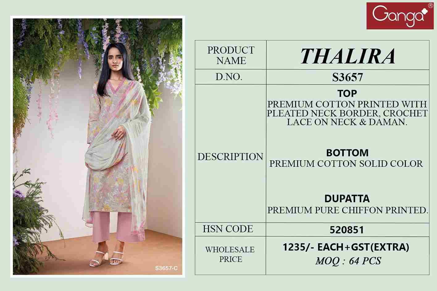 Thalira-3657 By Ganga Fashion 3657-A To 3657-D Series Beautiful Festive Suits Colorful Stylish Fancy Casual Wear & Ethnic Wear Pure Cotton Dresses At Wholesale Price
