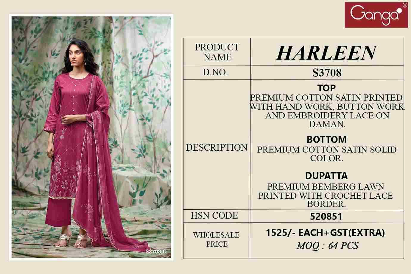 Harleen-3708 By Ganga Fashion 3708-A To 3708-D Series Beautiful Festive Suits Colorful Stylish Fancy Casual Wear & Ethnic Wear Pure Cotton Satin Dresses At Wholesale Price