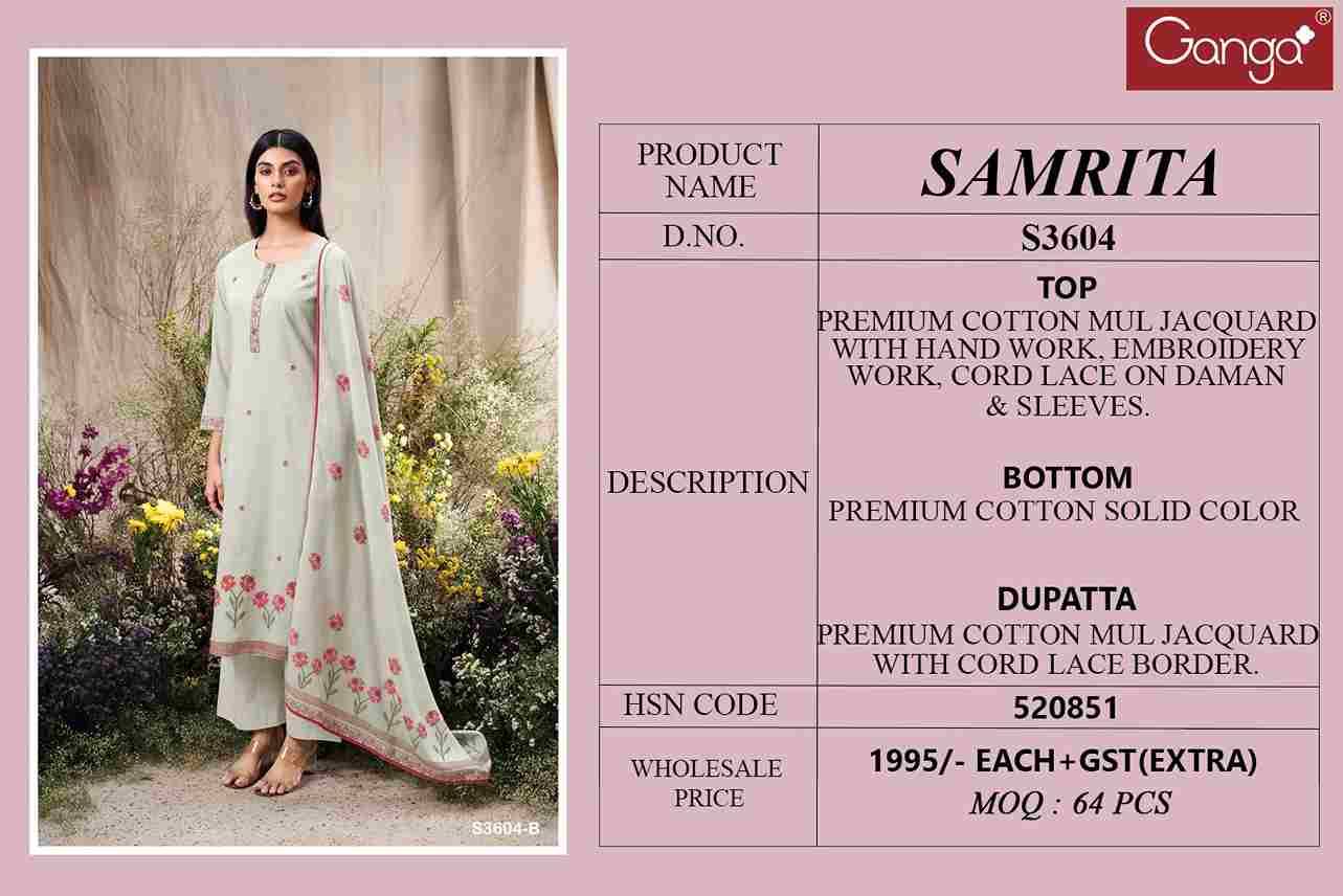 Samrita-3604 By Ganga Fashion 3604-A To 3604-B Series Beautiful Festive Suits Colorful Stylish Fancy Casual Wear & Ethnic Wear Pure Cotton Jacquard Dresses At Wholesale Price