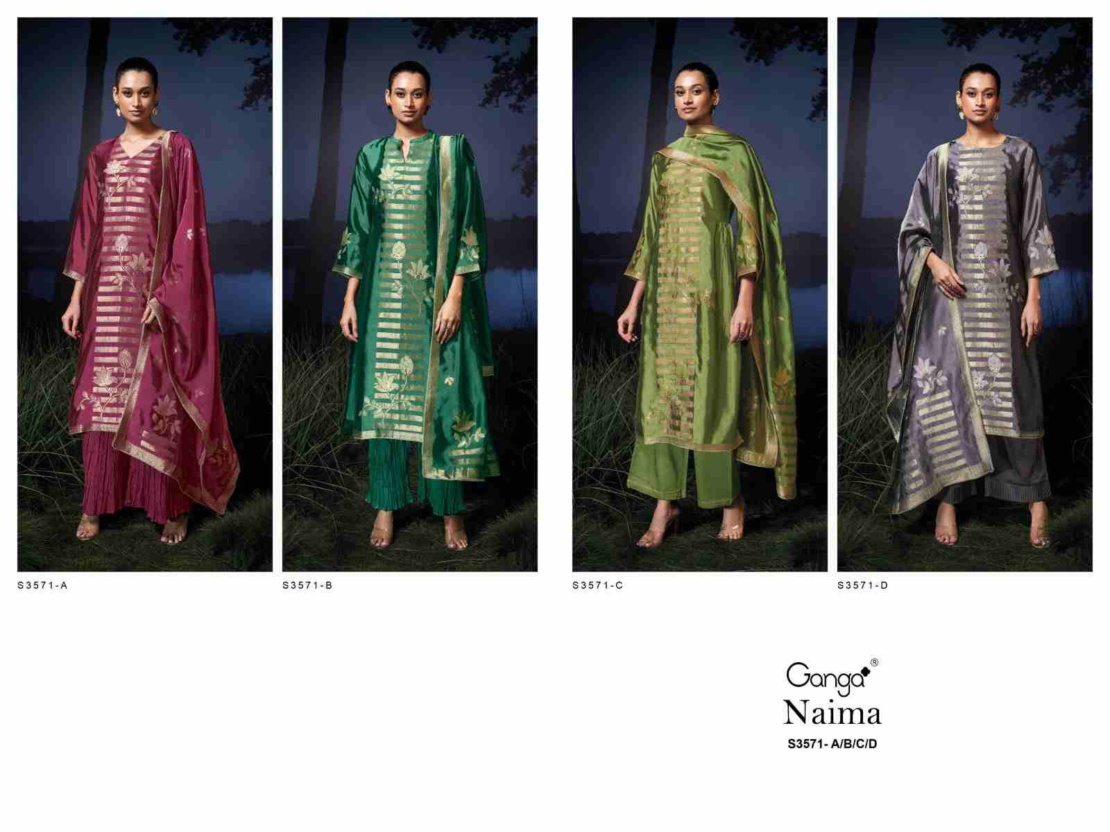 Naima-3571 By Ganga Fashion 3571-A To 3571-D Series Beautiful Festive Suits Colorful Stylish Fancy Casual Wear & Ethnic Wear Pure Viscose Silk Dresses At Wholesale Price