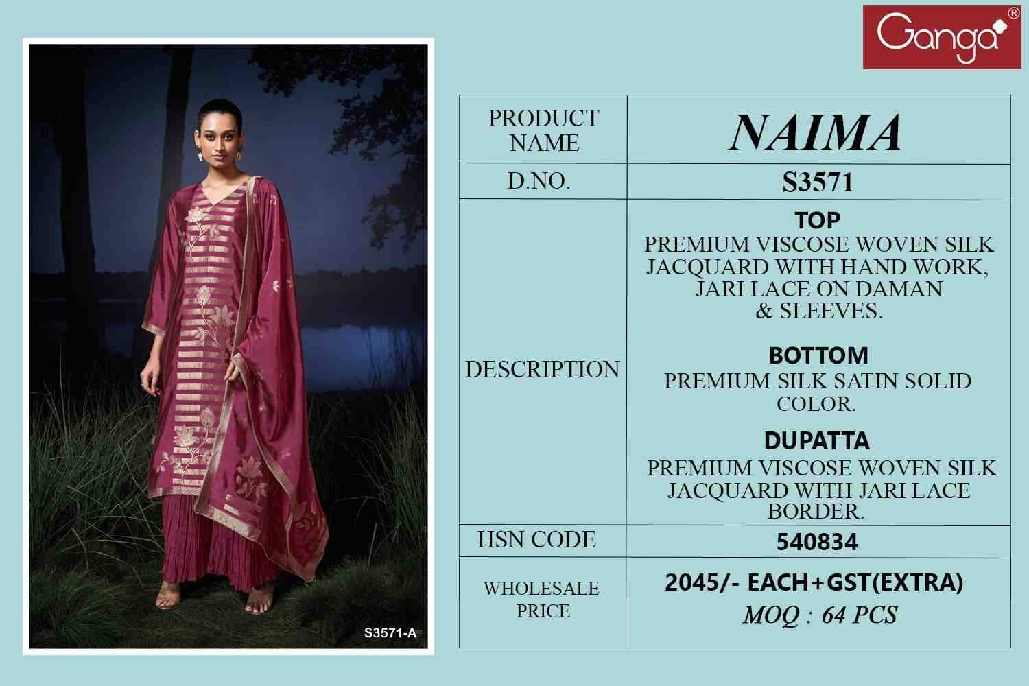 Naima-3571 By Ganga Fashion 3571-A To 3571-D Series Beautiful Festive Suits Colorful Stylish Fancy Casual Wear & Ethnic Wear Pure Viscose Silk Dresses At Wholesale Price