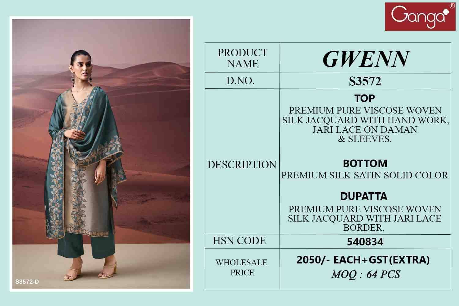 Gwenn-3572 By Ganga Fashion 3572-A To 3572-D Series Beautiful Festive Suits Colorful Stylish Fancy Casual Wear & Ethnic Wear Pure Viscose Silk Jacquard Dresses At Wholesale Price