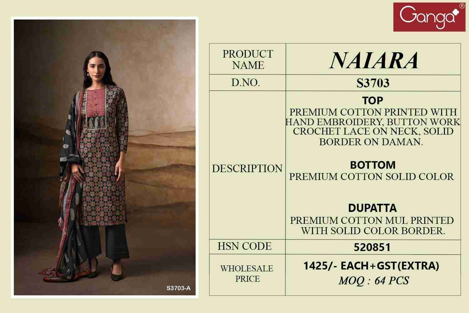 Naiara-3703 By Ganga Fashion 3703-A To 3703-D Series Beautiful Festive Suits Colorful Stylish Fancy Casual Wear & Ethnic Wear Pure Cotton Dresses At Wholesale Price