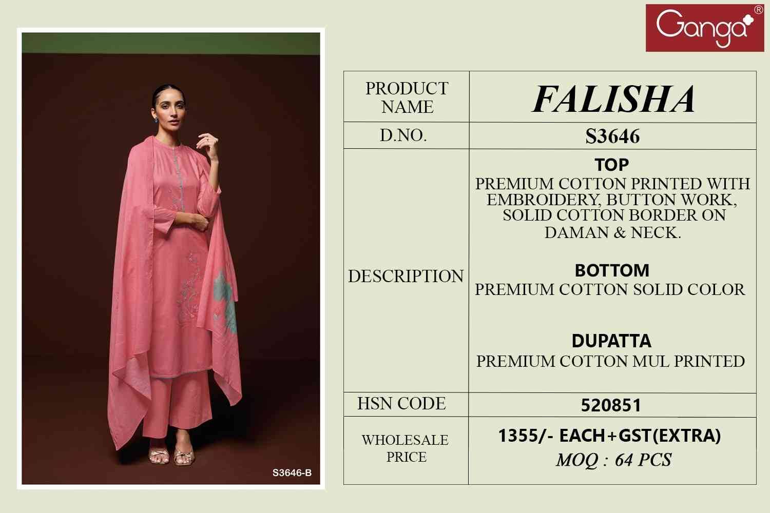 Falisha-3646 By Ganga Fashion 3646-A To 3646-D Series Beautiful Festive Suits Colorful Stylish Fancy Casual Wear & Ethnic Wear Pure Cotton Dresses At Wholesale Price
