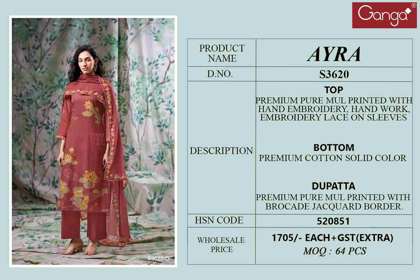 Ayra-3620 By Ganga Fashion 3620-A To 3620-D Series Beautiful Festive Suits Colorful Stylish Fancy Casual Wear & Ethnic Wear Pure Mal Dresses At Wholesale Price