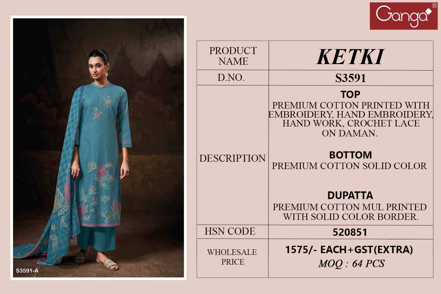 Ketki-3591 By Ganga Fashion 3591-A To 3591-D Series Beautiful Festive Suits Colorful Stylish Fancy Casual Wear & Ethnic Wear Pure Cotton Dresses At Wholesale Price