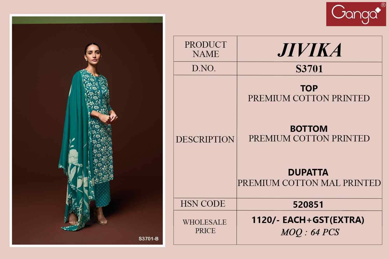 Jivika-3701 By Ganga Fashion 3701-A To 3701-D Series Beautiful Festive Suits Colorful Stylish Fancy Casual Wear & Ethnic Wear Pure Cotton Dresses At Wholesale Price