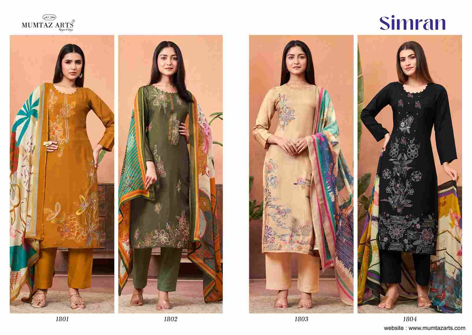 Simran By Mumtaz Arts 1801 To 1804 Series Designer Festive Suits Collection Beautiful Stylish Fancy Colorful Party Wear & Occasional Wear Pure Viscose Muslin Dresses At Wholesale Price