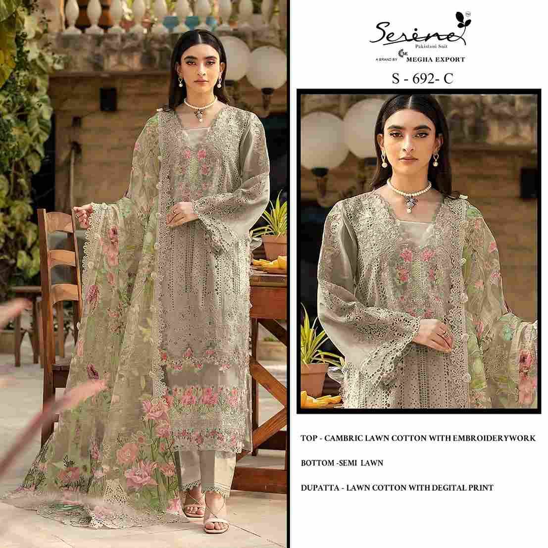 Serene Hit Design S-692 Colours By Serene S-692-A To S-692-D Series Designer Pakistani Suits Beautiful Fancy Colorful Stylish Party Wear & Occasional Wear Cambric Lawn Cotton Embroidered Dresses At Wholesale Price