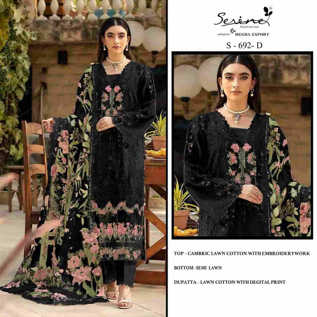 Serene Hit Design S-692 Colours By Serene S-692-A To S-692-D Series Designer Pakistani Suits Beautiful Fancy Colorful Stylish Party Wear & Occasional Wear Cambric Lawn Cotton Embroidered Dresses At Wholesale Price