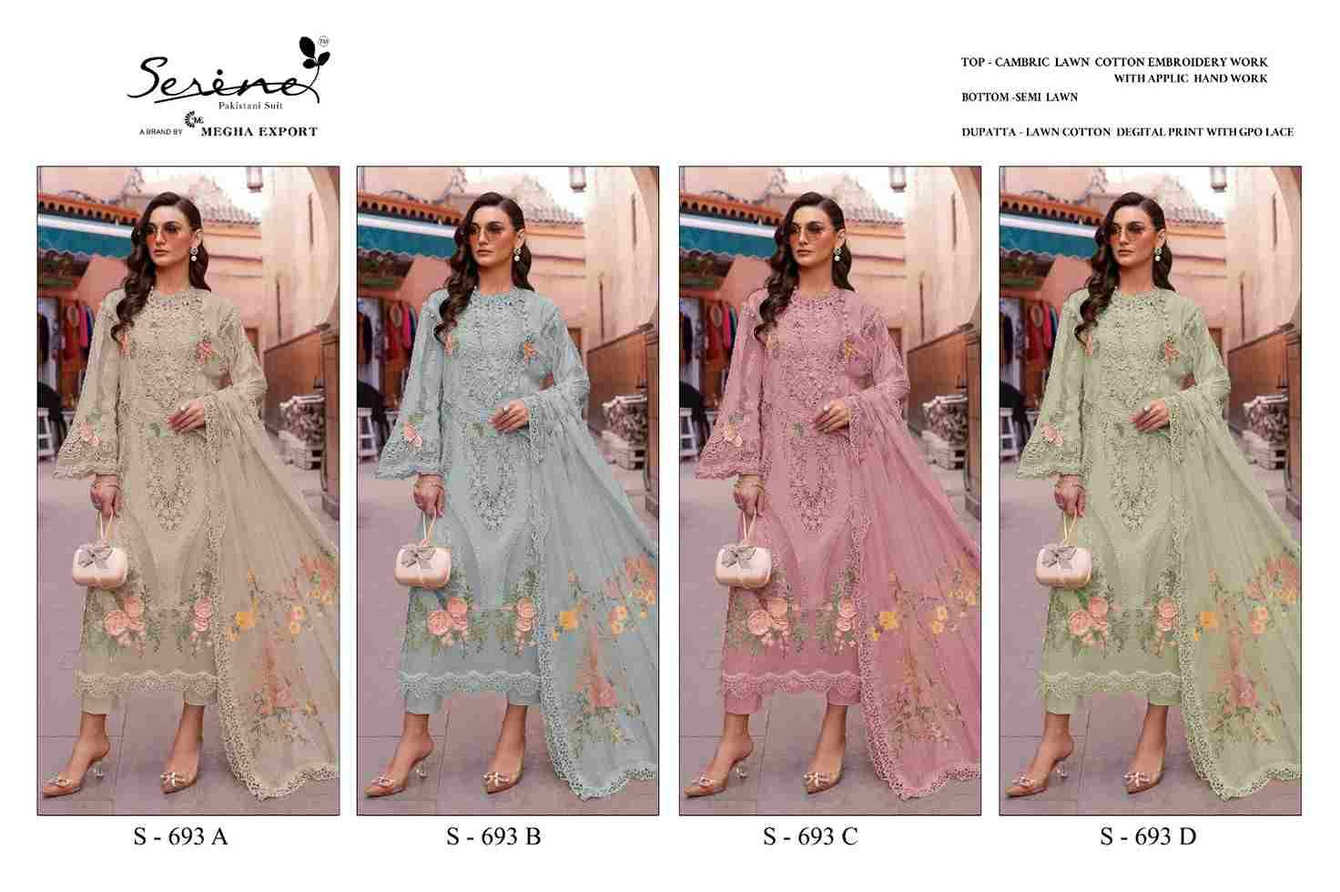 Serene Hit Design S-693 Colours By Serene S-693-A To S-693-D Series Designer Pakistani Suits Beautiful Fancy Colorful Stylish Party Wear & Occasional Wear Cambric Lawn Cotton Embroidered Dresses At Wholesale Price