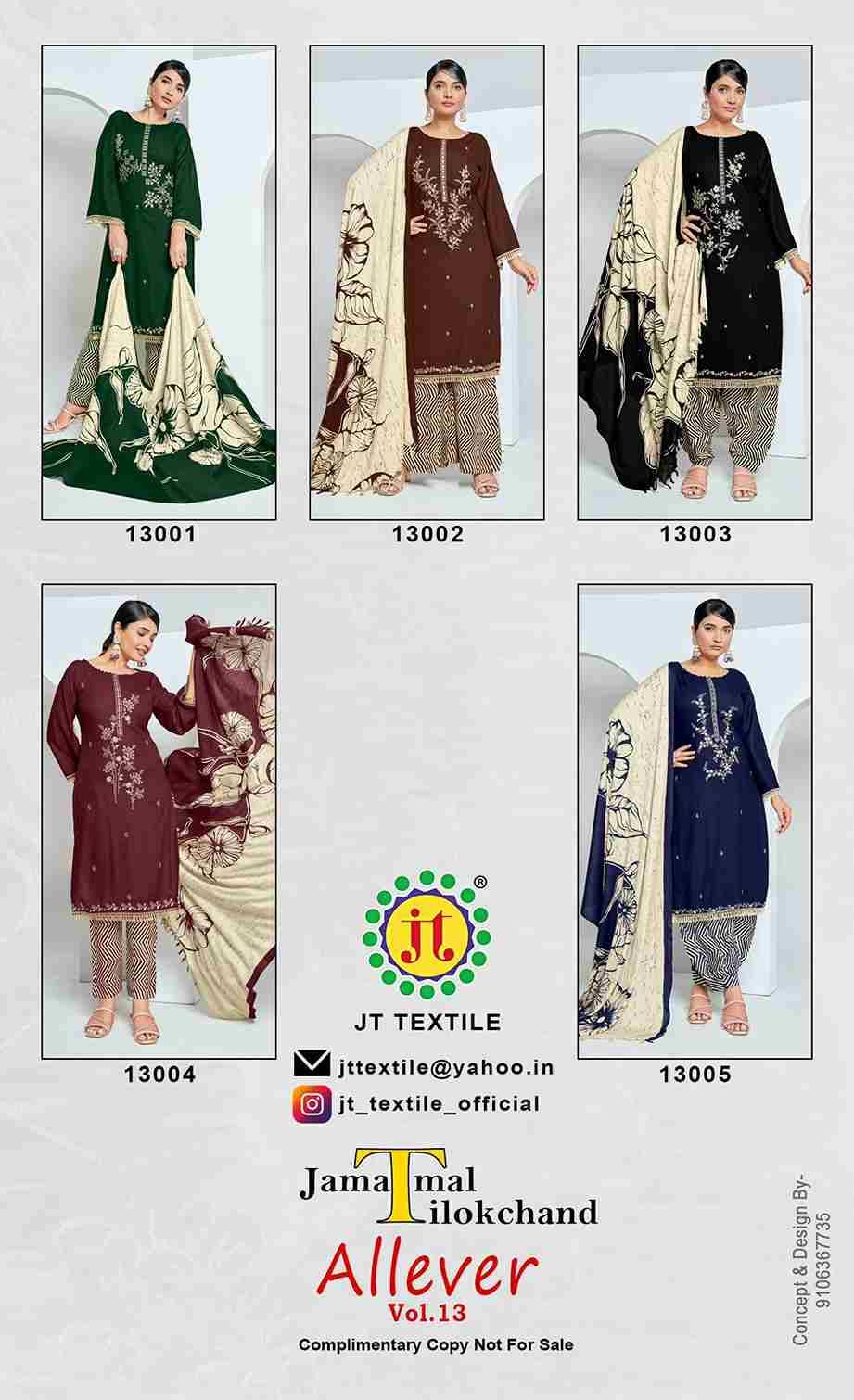 Allever Vol-13 By JT 13001 To 13005 Series Beautiful Festive Suits Colorful Stylish Fancy Casual Wear & Ethnic Wear Rayon Dresses At Wholesale Price