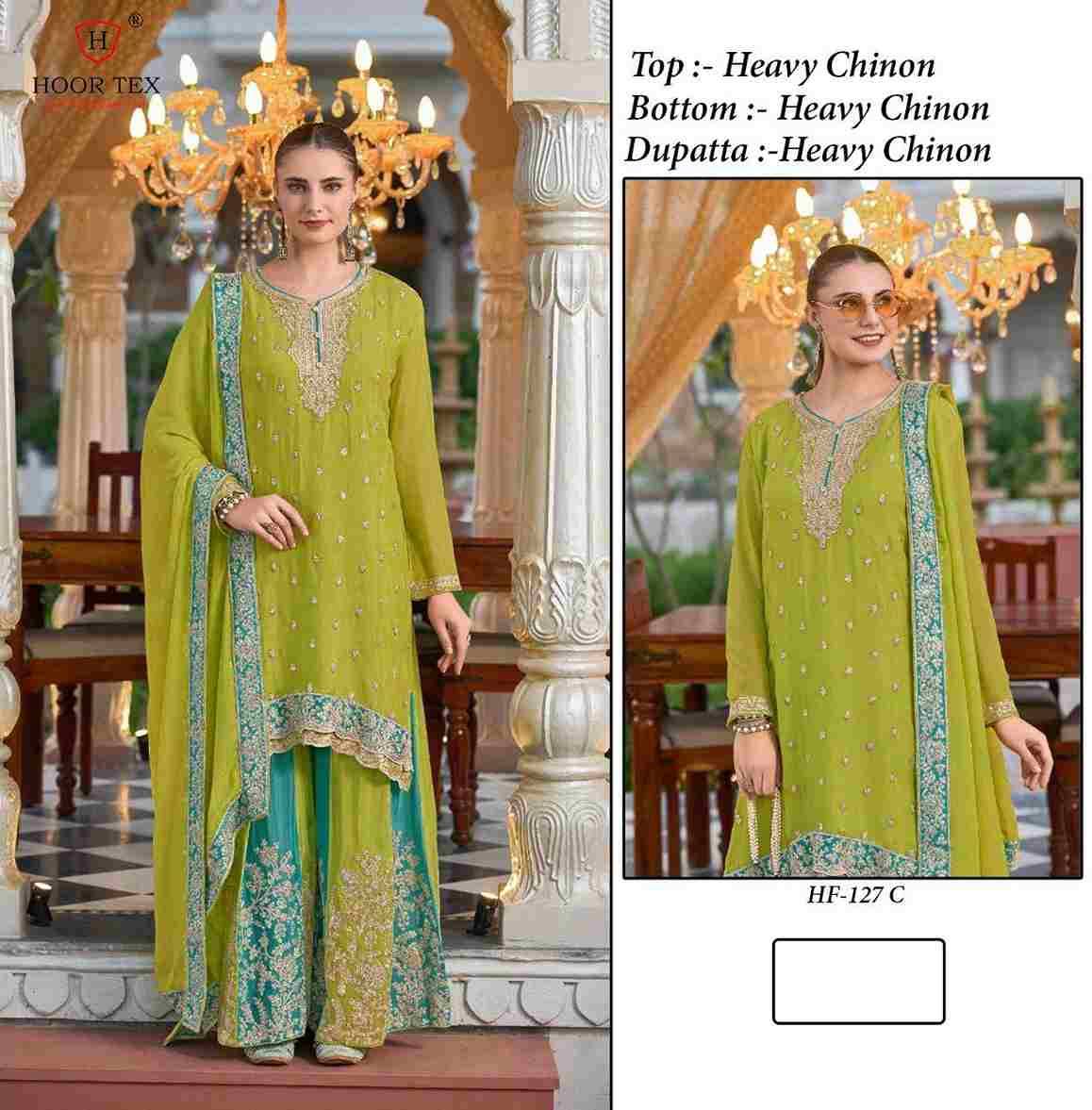Hoor Tex Hit Design HF-127 Colours By Hoor Tex HF-127-A To HF-127-D Series Designer Festive Pakistani Suits Collection Beautiful Stylish Fancy Colorful Party Wear & Occasional Wear Heavy Chinnon Embroidered Dresses At Wholesale Price