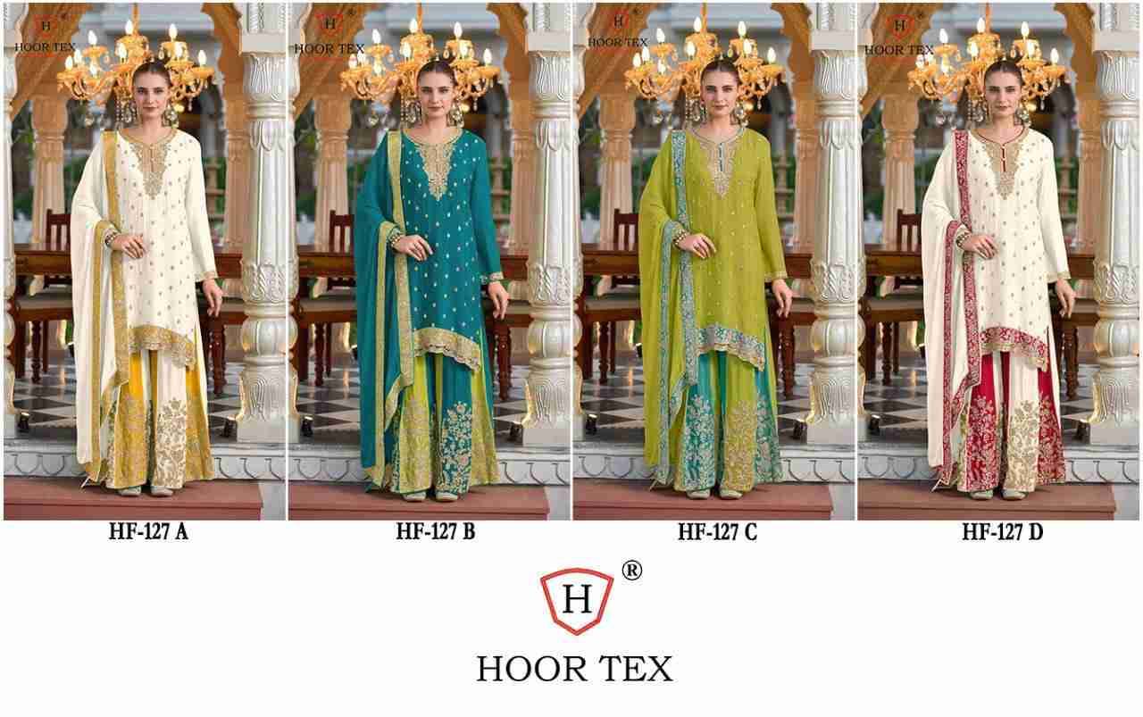 Hoor Tex Hit Design HF-127 Colours By Hoor Tex HF-127-A To HF-127-D Series Designer Festive Pakistani Suits Collection Beautiful Stylish Fancy Colorful Party Wear & Occasional Wear Heavy Chinnon Embroidered Dresses At Wholesale Price