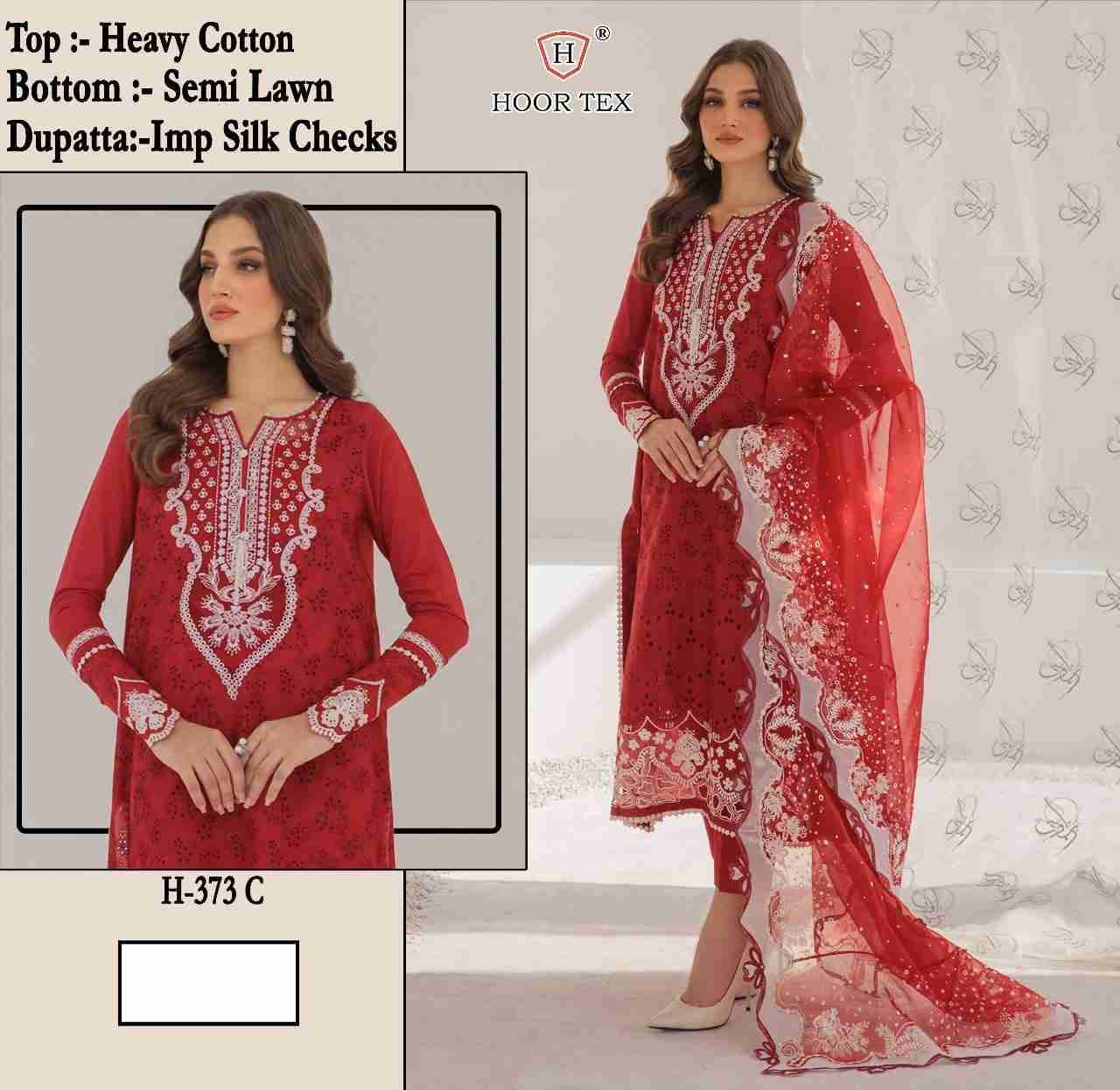 Hoor Tex Hit Design H-373 Colours By Hoor Tex H-373-A To H-373-C Series Designer Festive Pakistani Suits Collection Beautiful Stylish Fancy Colorful Party Wear & Occasional Wear Heavy Cotton With Embroidered Dresses At Wholesale Price