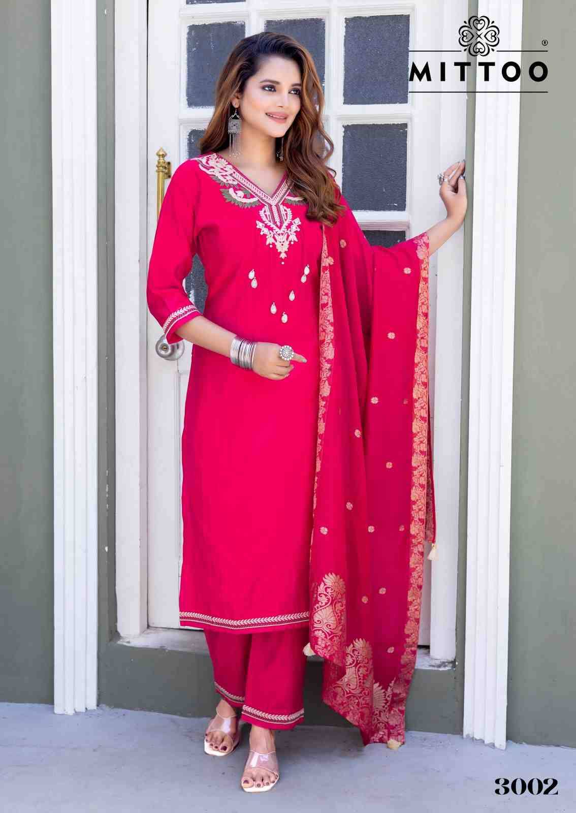 Mansa By Mittoo 3001 To 3006 Series Beautiful Stylish Festive Suits Fancy Colorful Casual Wear & Ethnic Wear & Ready To Wear Viscose Weaving Print Dresses At Wholesale Price