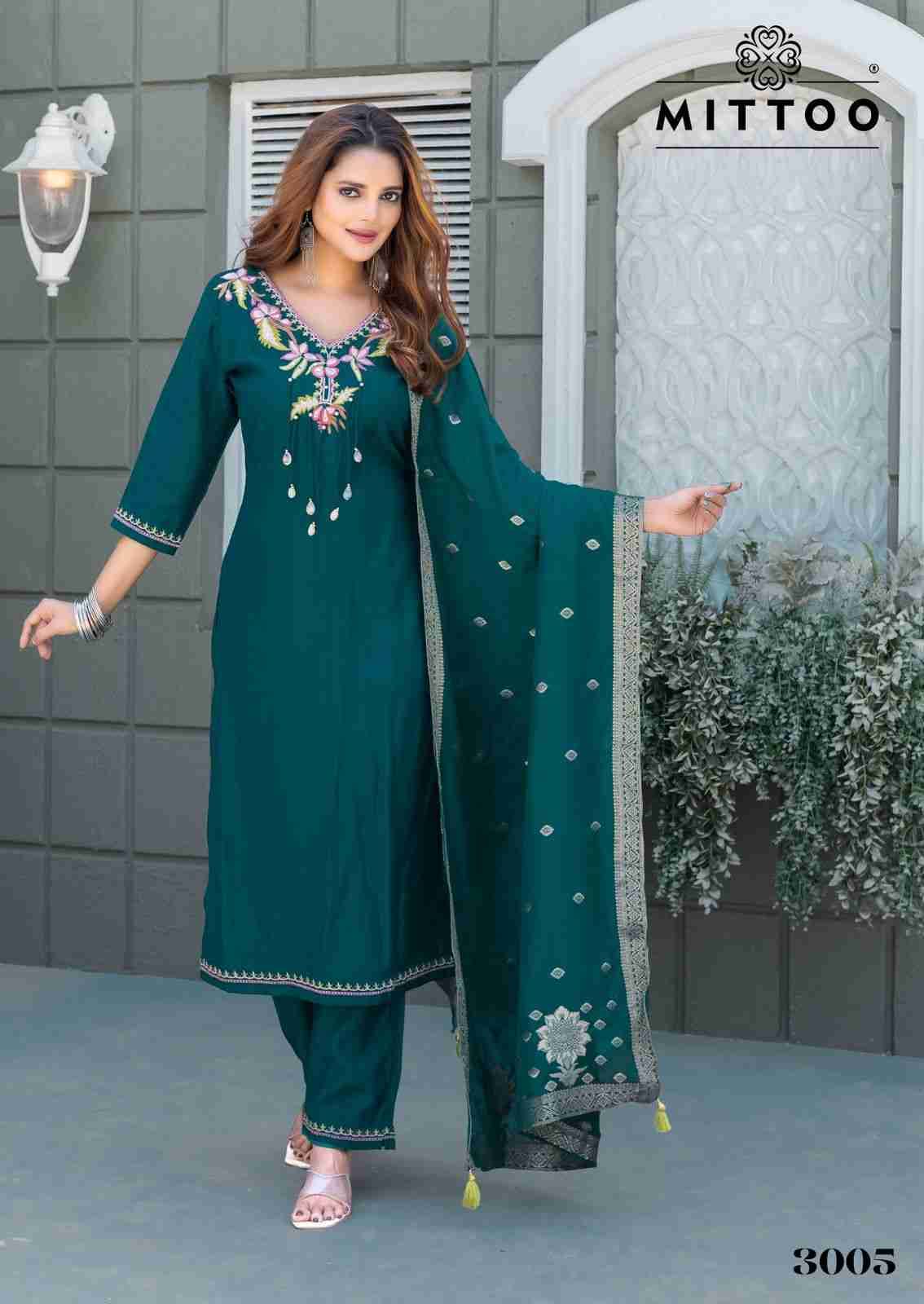 Mansa By Mittoo 3001 To 3006 Series Beautiful Stylish Festive Suits Fancy Colorful Casual Wear & Ethnic Wear & Ready To Wear Viscose Weaving Print Dresses At Wholesale Price