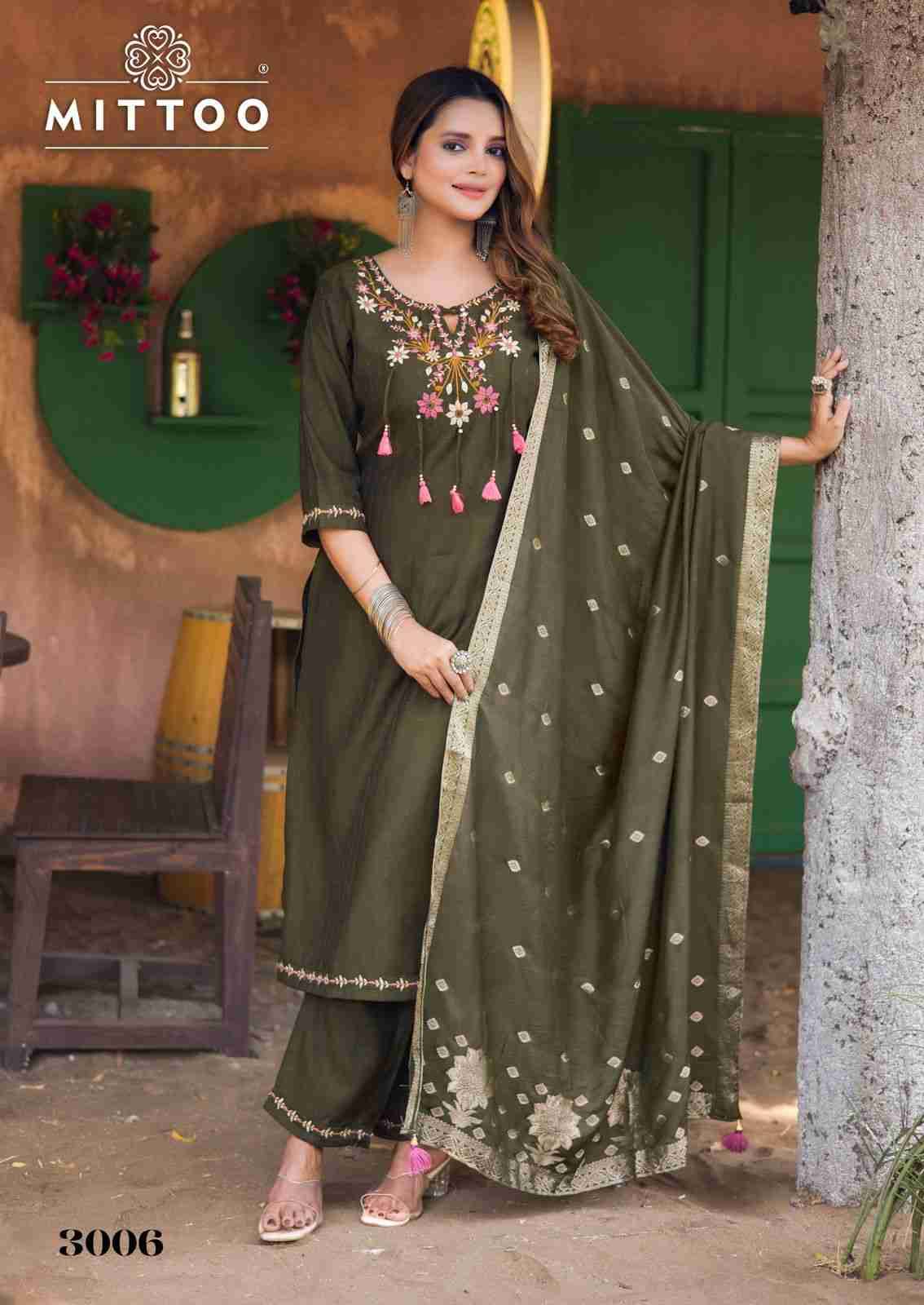 Mansa By Mittoo 3001 To 3006 Series Beautiful Stylish Festive Suits Fancy Colorful Casual Wear & Ethnic Wear & Ready To Wear Viscose Weaving Print Dresses At Wholesale Price