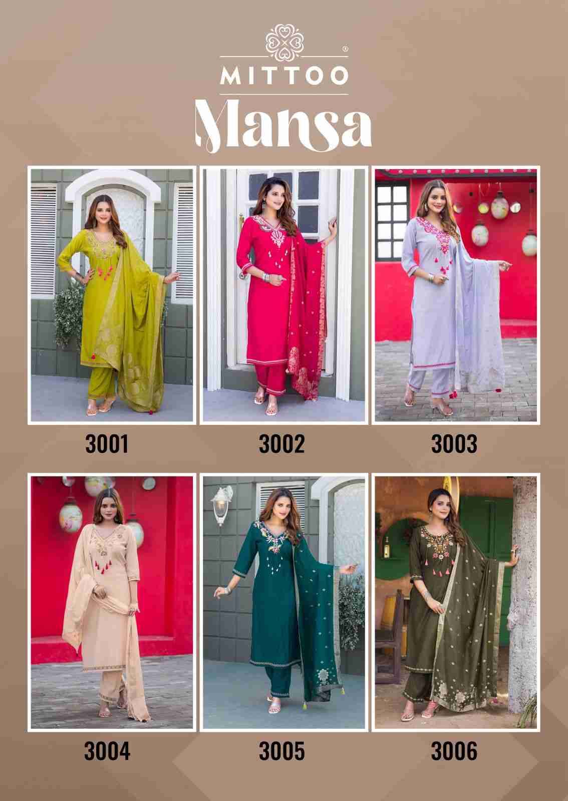 Mansa By Mittoo 3001 To 3006 Series Beautiful Stylish Festive Suits Fancy Colorful Casual Wear & Ethnic Wear & Ready To Wear Viscose Weaving Print Dresses At Wholesale Price