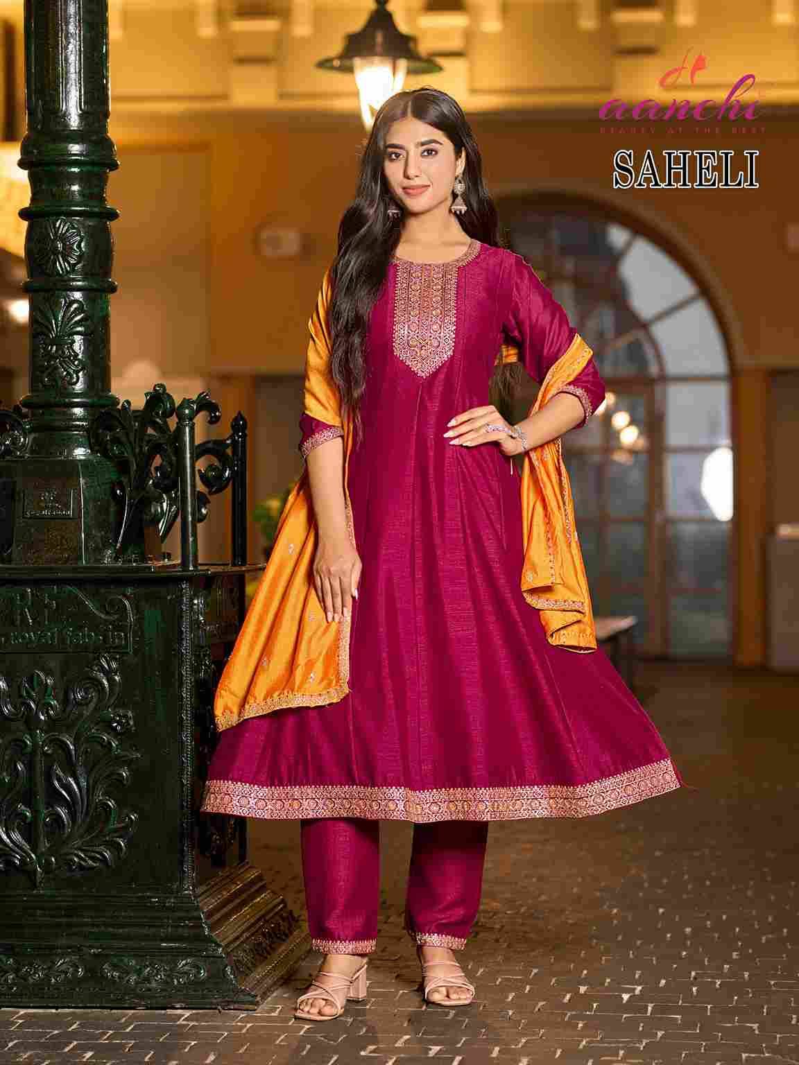 Saheli By Aanchi 01 To 04 Series Beautiful Suits Colorful Stylish Fancy Casual Wear & Ethnic Wear Vichitra Silk Dresses At Wholesale Price