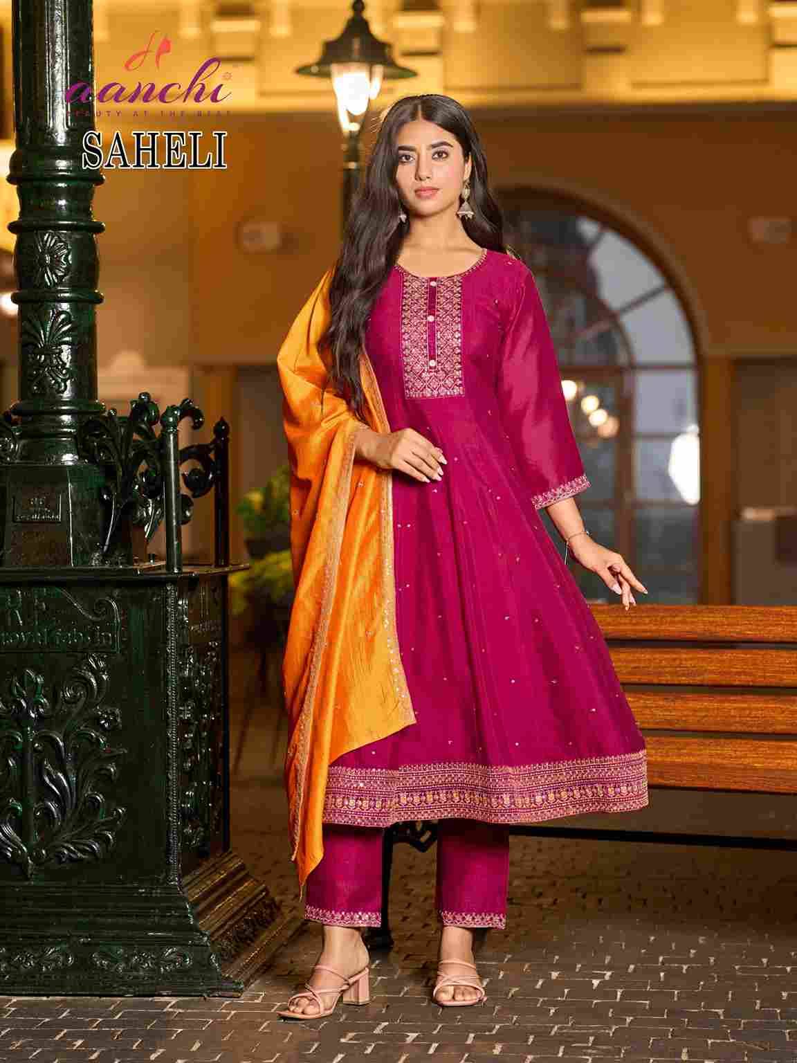 Saheli By Aanchi 01 To 04 Series Beautiful Suits Colorful Stylish Fancy Casual Wear & Ethnic Wear Vichitra Silk Dresses At Wholesale Price