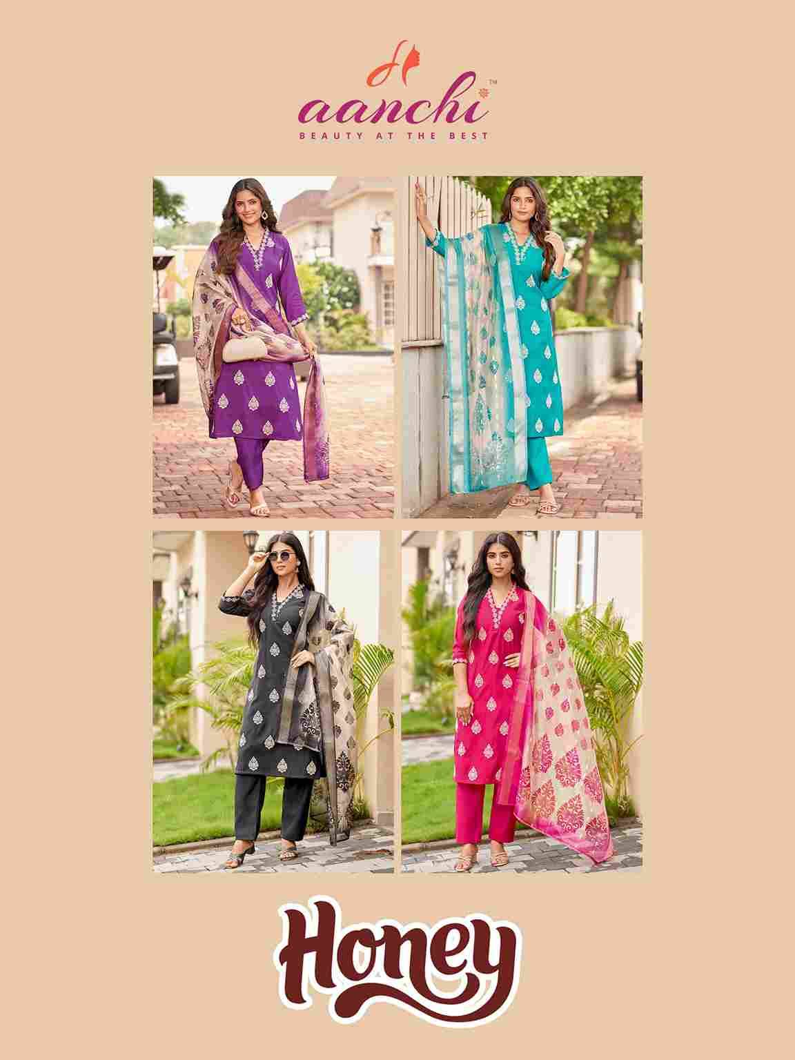 Honey By Aanchi 01 To 04 Series Beautiful Suits Colorful Stylish Fancy Casual Wear & Ethnic Wear Roman Silk Dresses At Wholesale Price