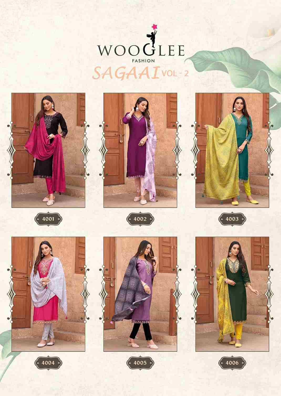 Sagaai Vol-2 By Wooglee 4001 To 4006 Series Festive Suits Beautiful Fancy Colorful Stylish Party Wear & Occasional Wear Viscose Dresses At Wholesale Price