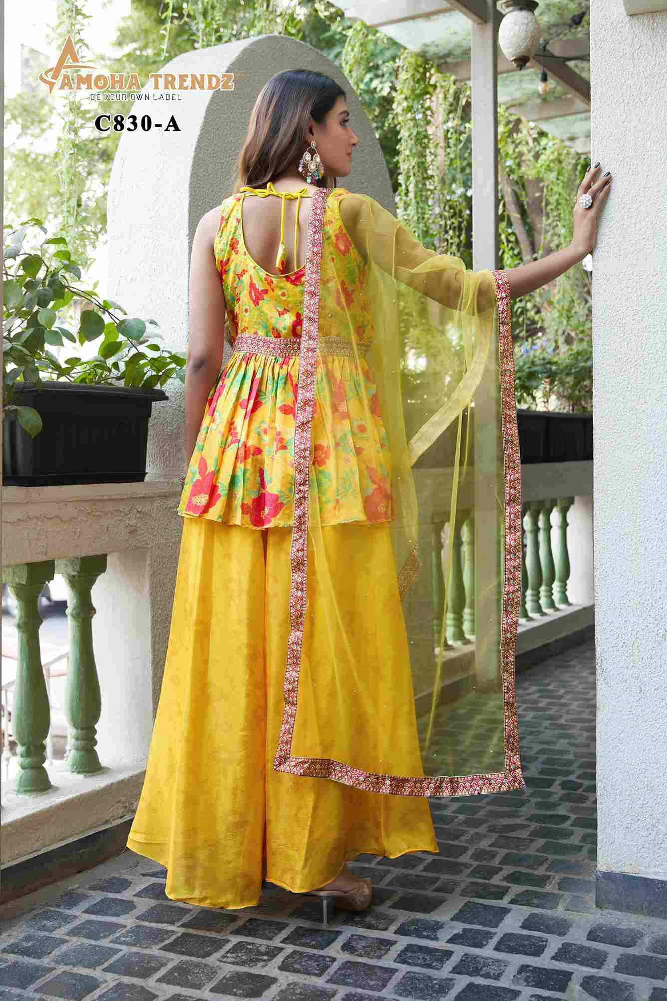 C-830-A By Amoha Trendz Designer Stylish Fancy Colorful Beautiful Party Wear & Ethnic Wear Collection Chiffon Crop Tops With Bottom And Dupatta At Wholesale Price